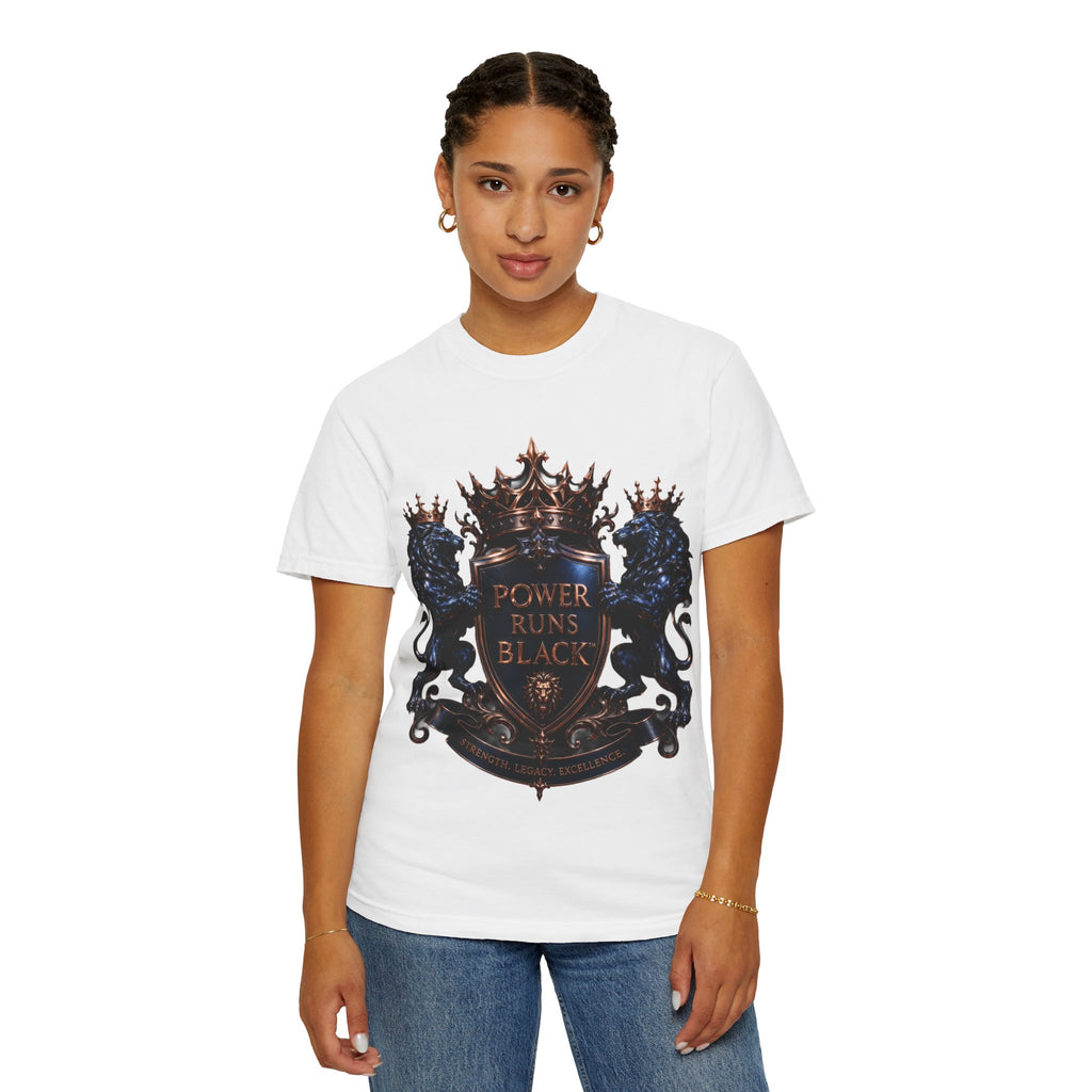 Power Runs Black Crest T-shirt | Heraldic Lion Shield Tee by Power Runs Black