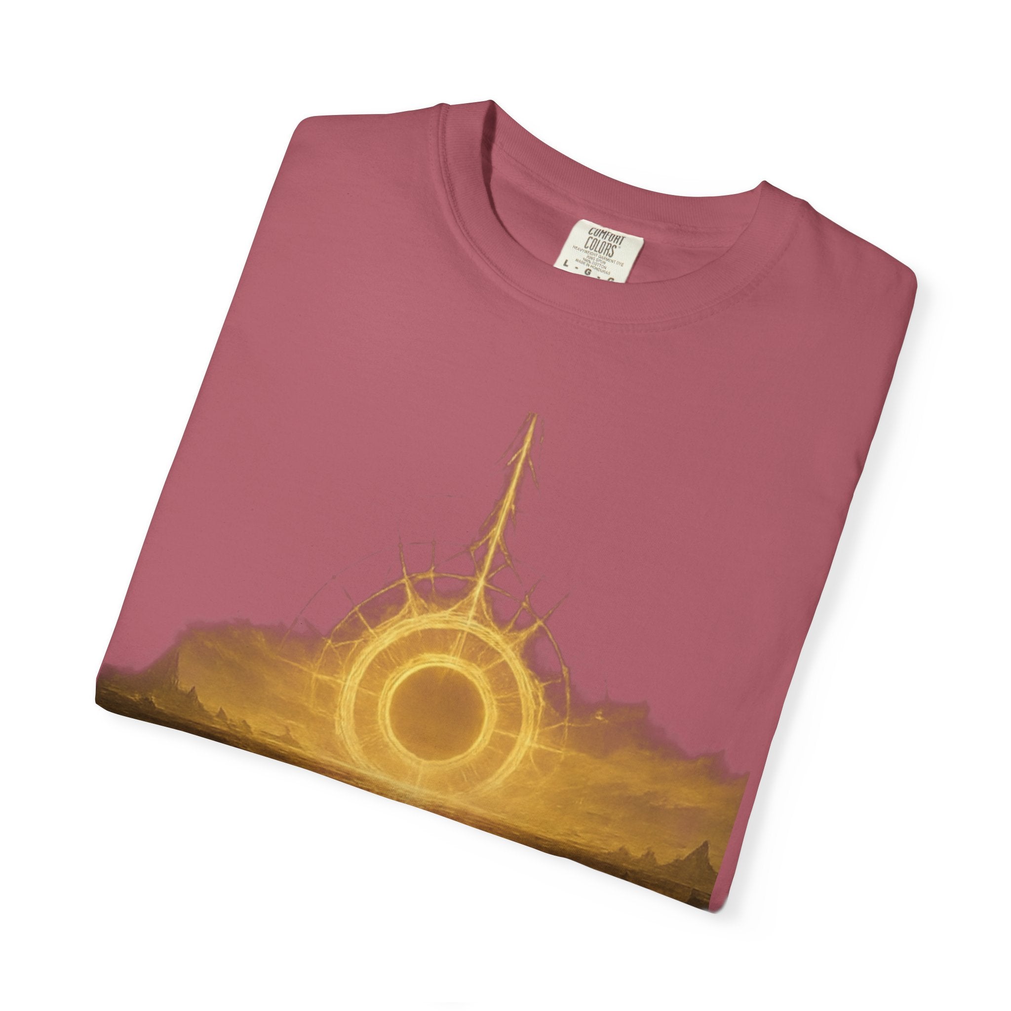 Power Runs Black PRB Golden Eclipse Portal T-shirt | Fantasy Landscape, Mystic Ring, Tower Art by Power Runs Black