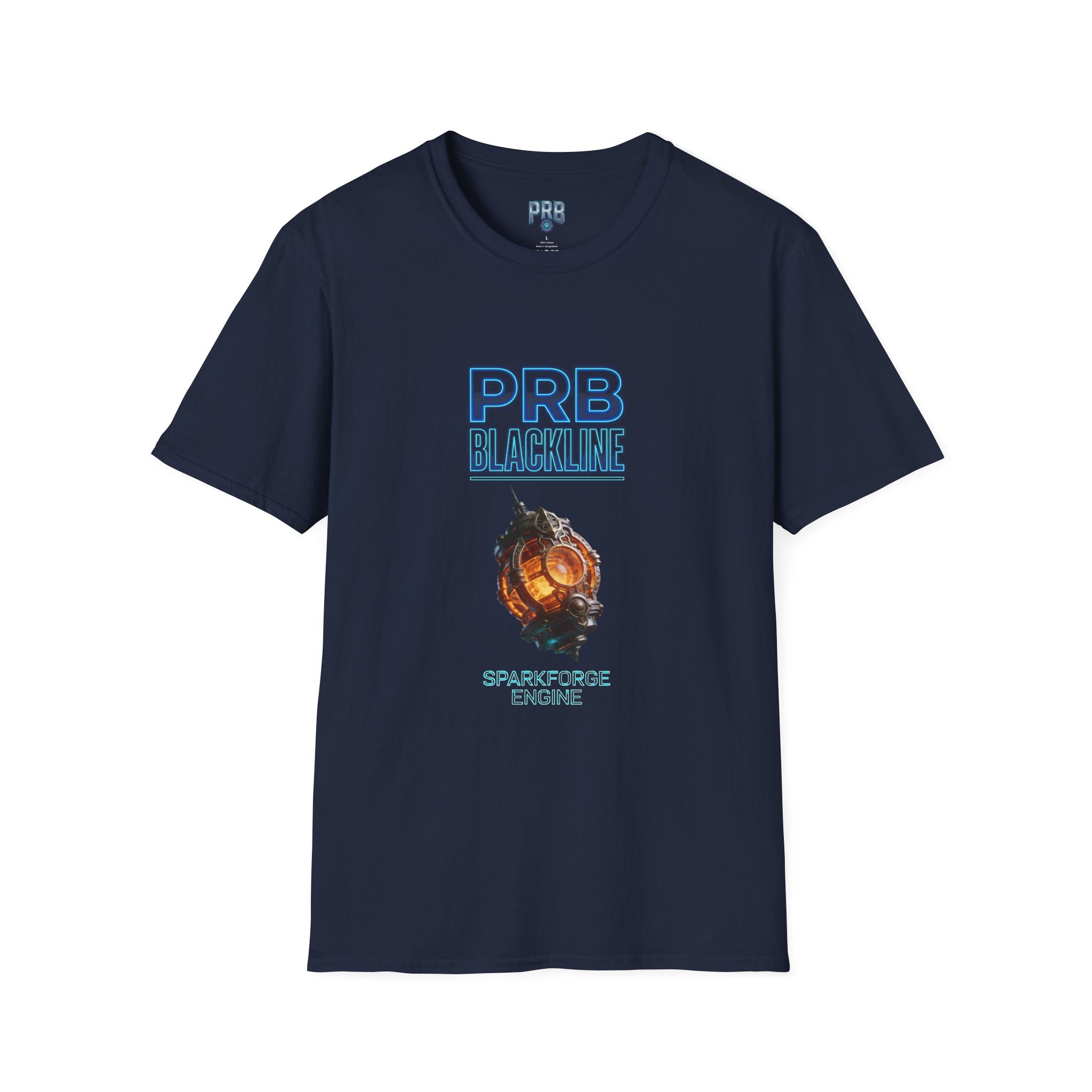 PRB Blackline Sparkforge Engine T‑Shirt — Sci‑Fi Mechanical Graphic Tee by Power Runs Black