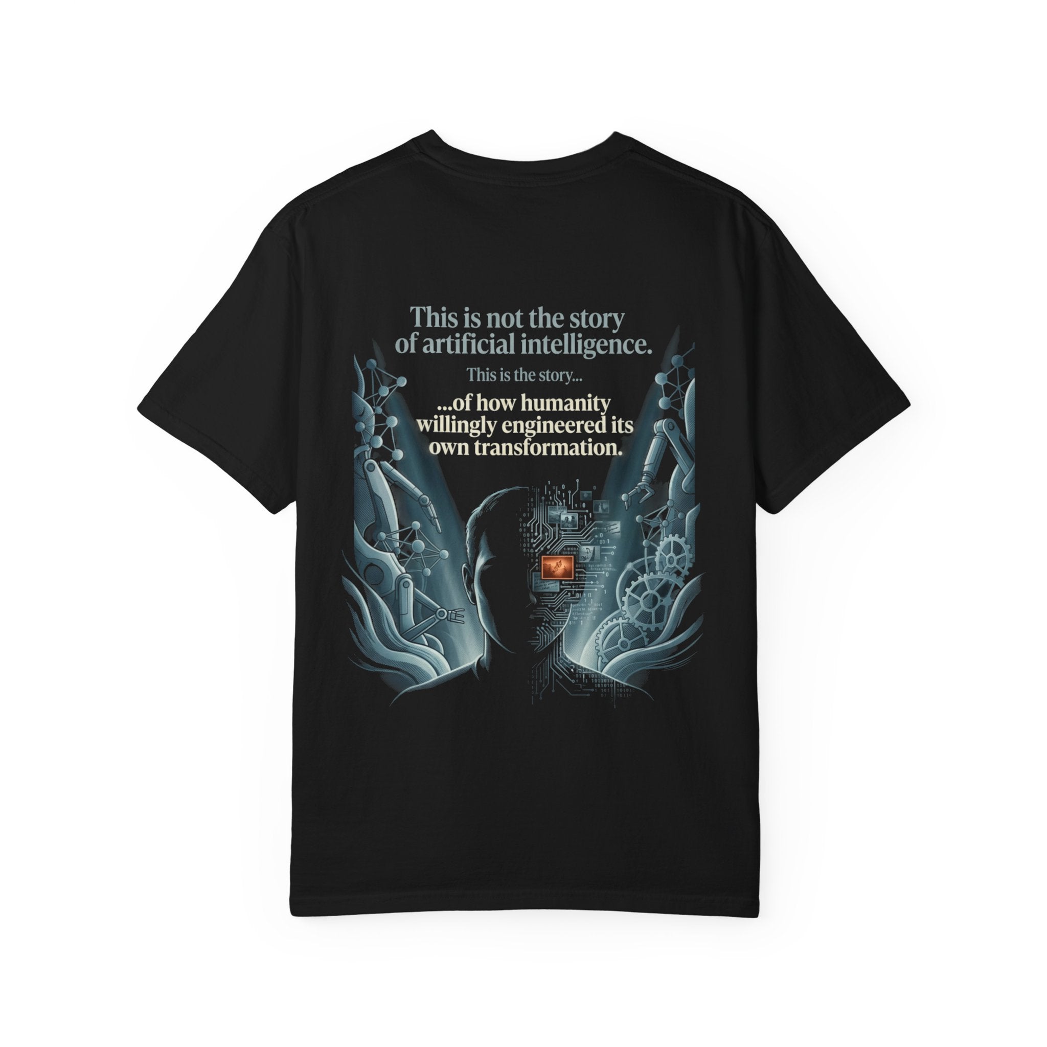 Power Runs Black AI Fusion Graphic T-Shirt — "The Core Age" Split Face Design by Power Runs Black