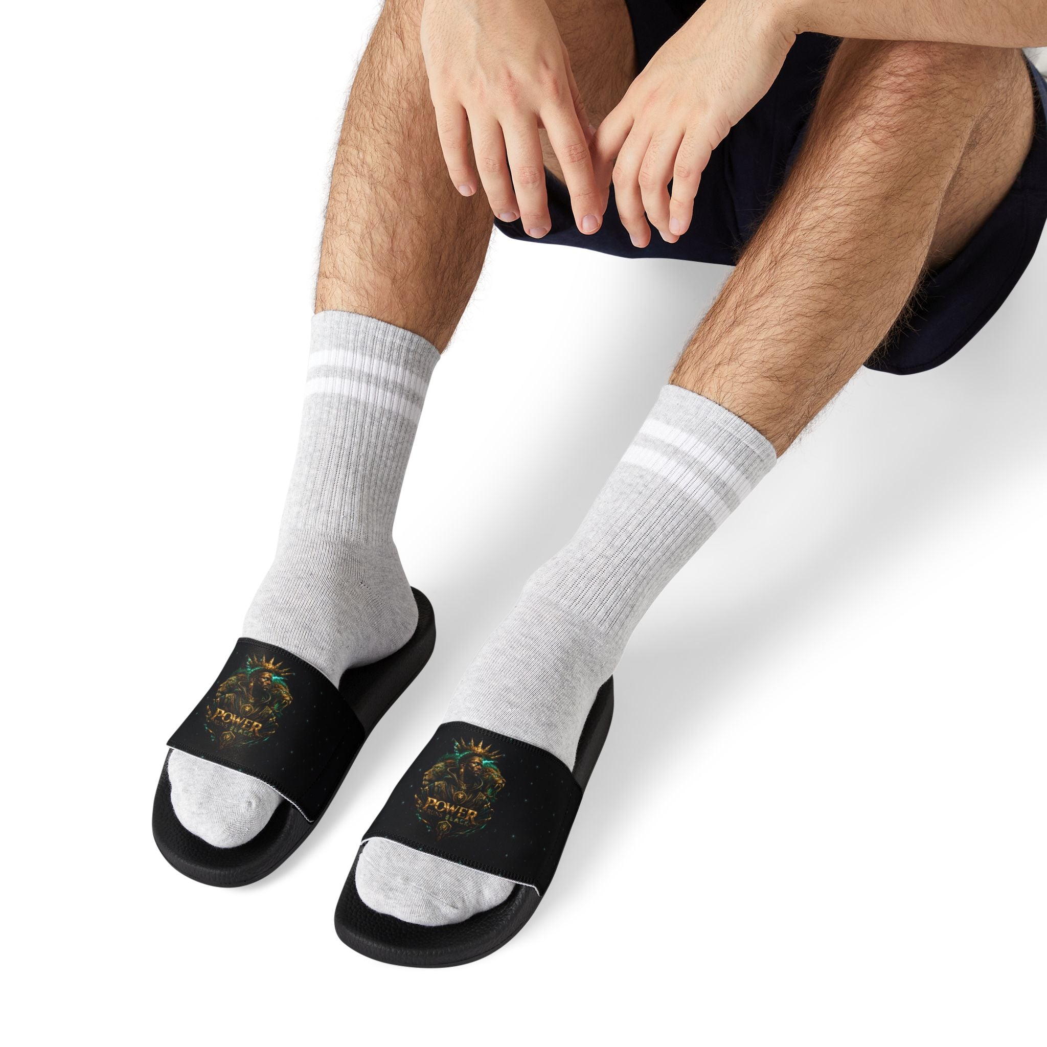 Power Runs Black Slide Sandals - Black Mythical Crest Logo Slides for Men by Power Runs Black