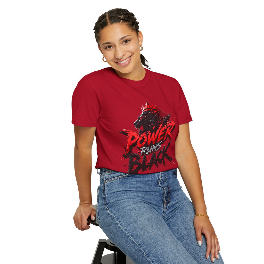 Power Runs Black T-shirt | Wolf Silhouette, Red Black Graphic Tee by Power Runs Black