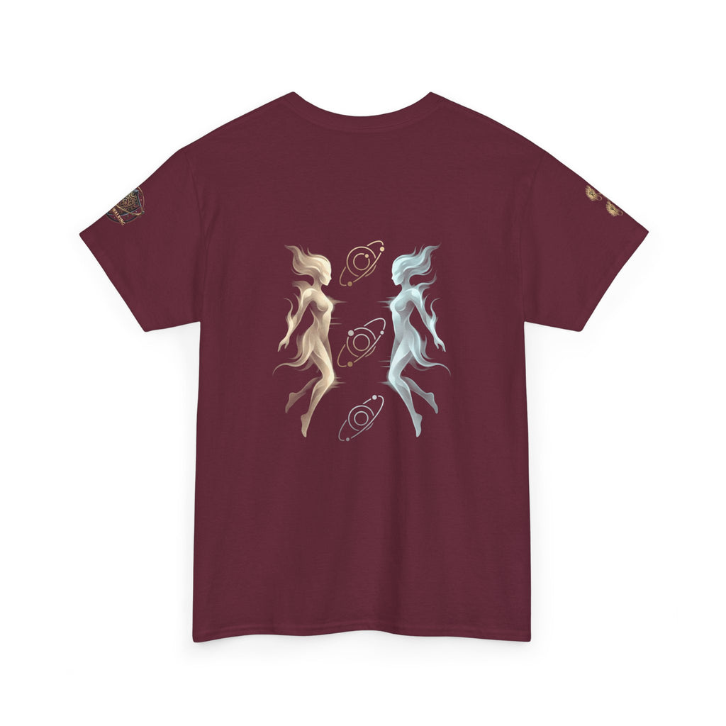 Power Runs Black Gemini Spirit Tee — Twin Sun & Moon Celestial Graphic T-Shirt by Printify