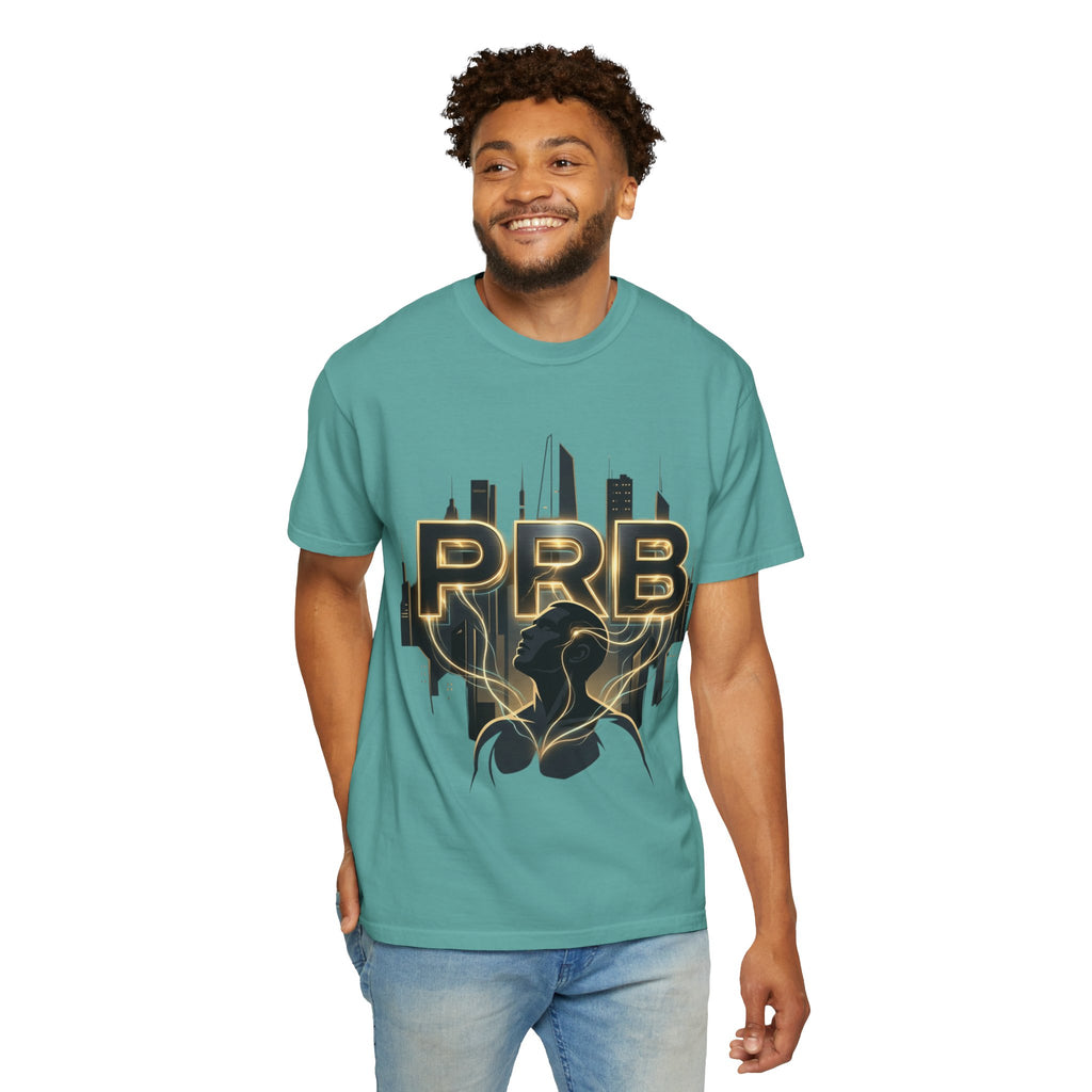 PRB Cityscape Graphic T-Shirt | Black & Gold Urban Streetwear Tee by Printify