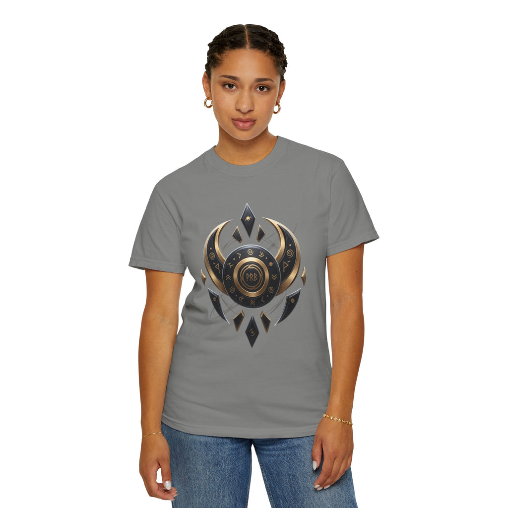 Power Runs Black Mystic Compass Disc T-Shirt — Geometric Gold & Black Emblem Tee by Printify