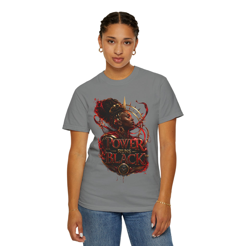 Power Runs Black T-Shirt — Afrocentric Crowned Goddess Graphic Tee by Printify