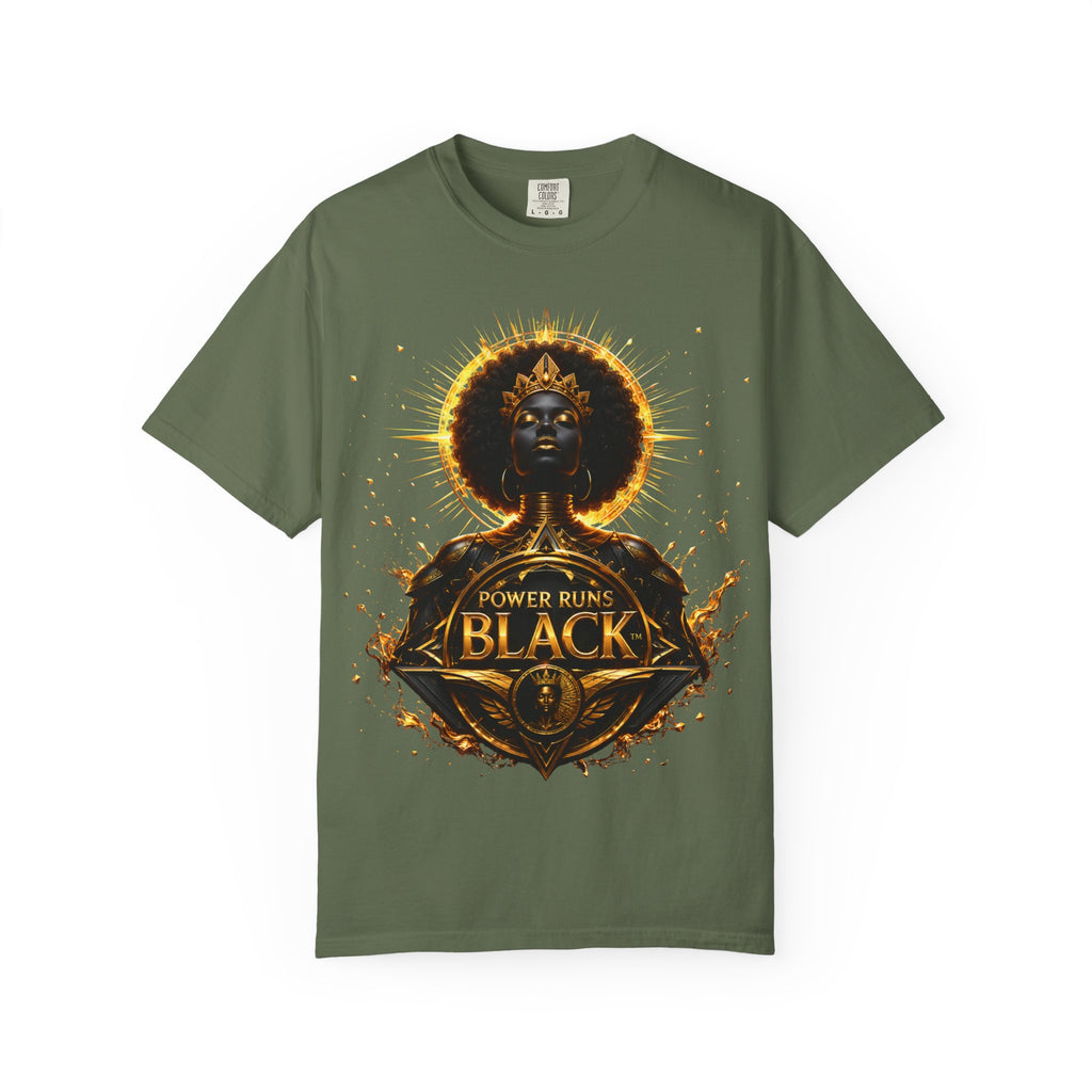 Power Runs Black goddess illustration T-Shirt | Afrocentric black pride design by Power Runs Black