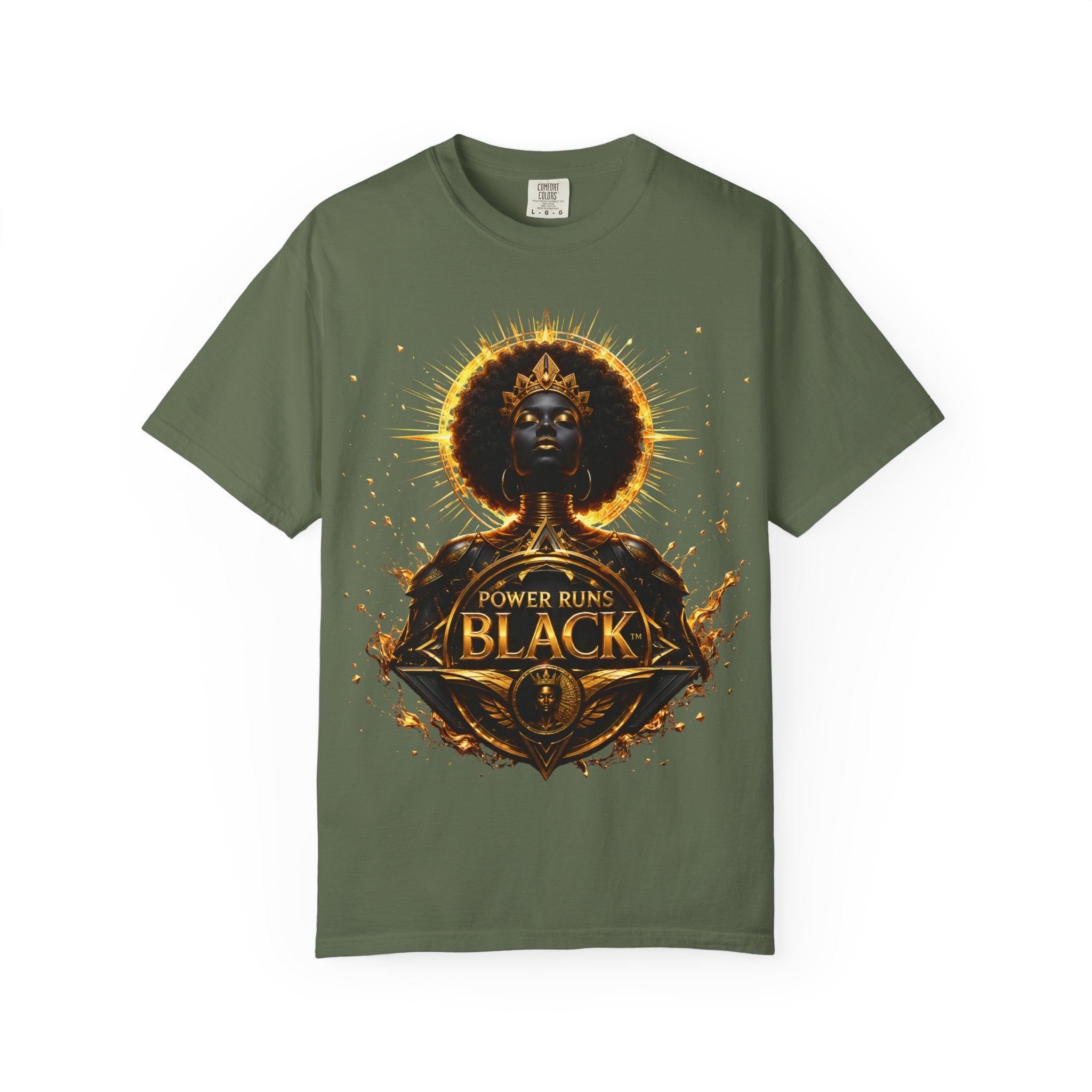 Power Runs Black goddess illustration T-Shirt | Afrocentric black pride design by Power Runs Black