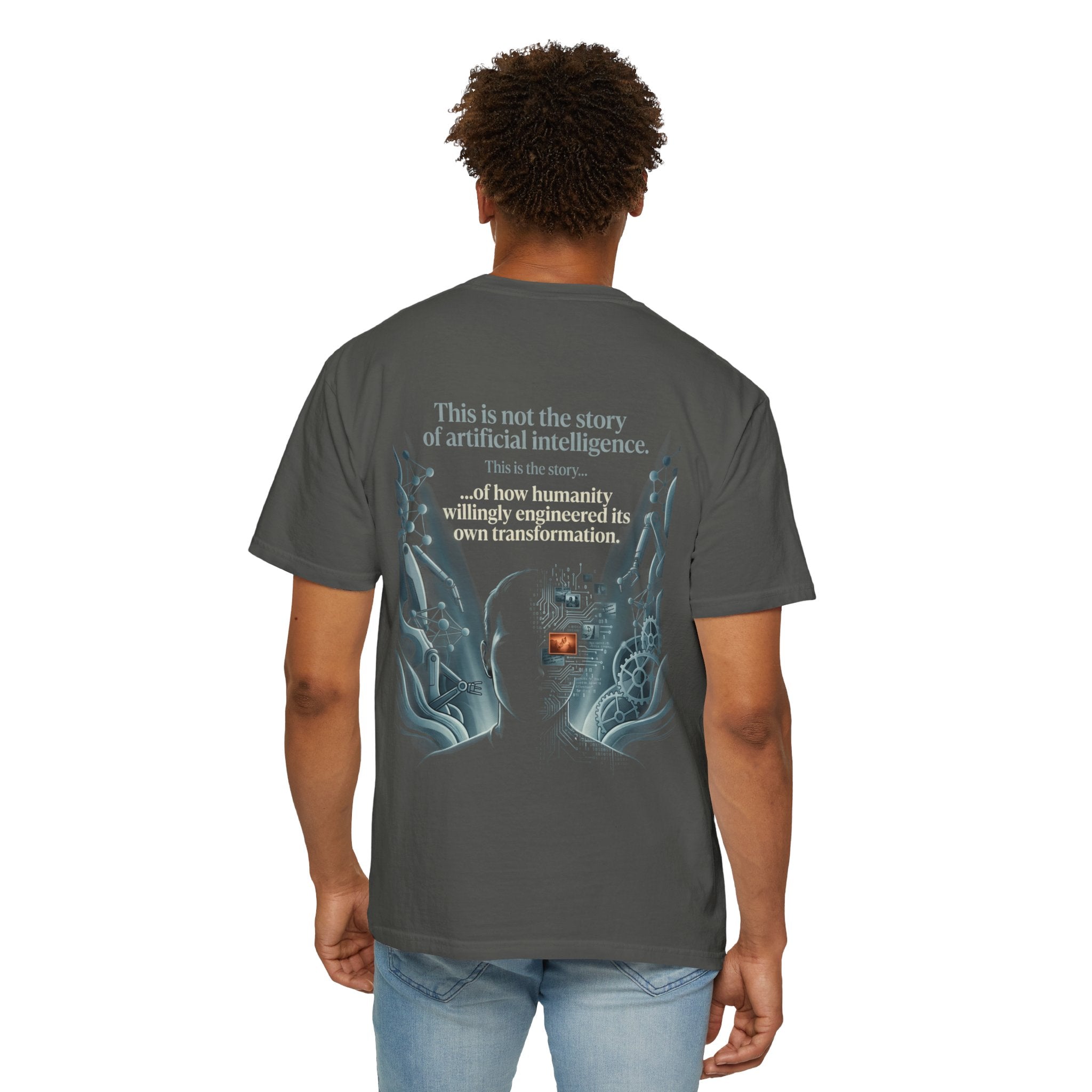 Power Runs Black AI Fusion Graphic T-Shirt — "The Core Age" Split Face Design by Power Runs Black