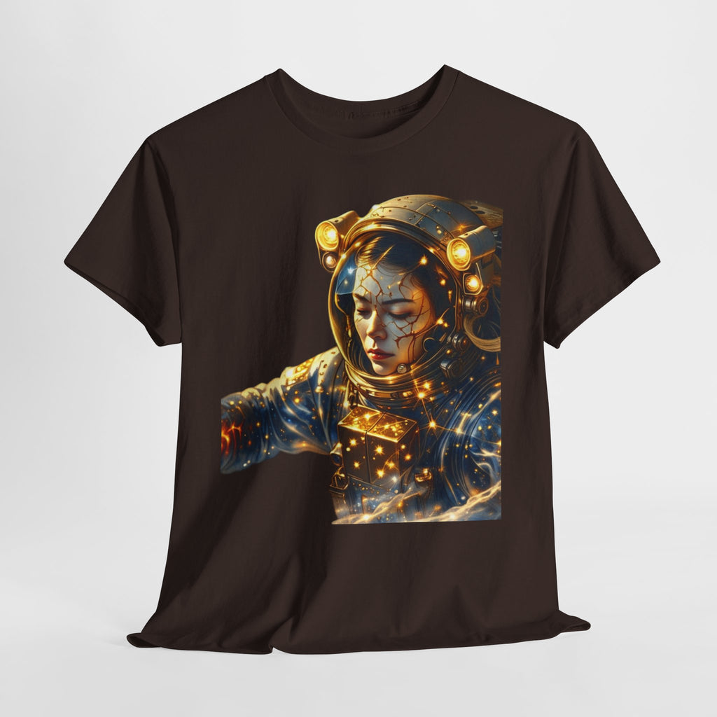Power Runs Black PRB Golden Astronaut Portrait T-Shirt | Space Helmet Art, Cosmic Lights by Printify