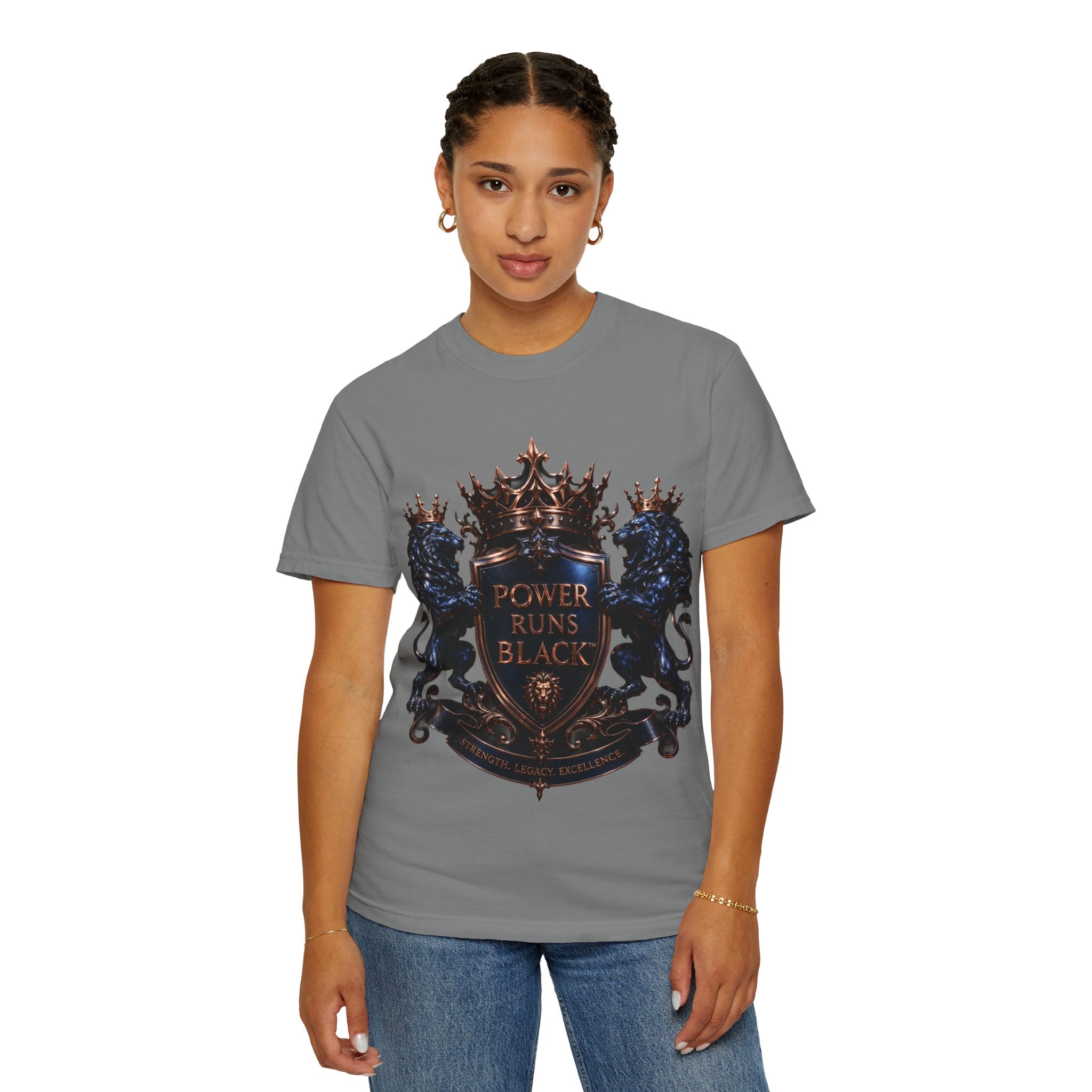 Power Runs Black Crest T-shirt | Heraldic Lion Shield Tee by Power Runs Black