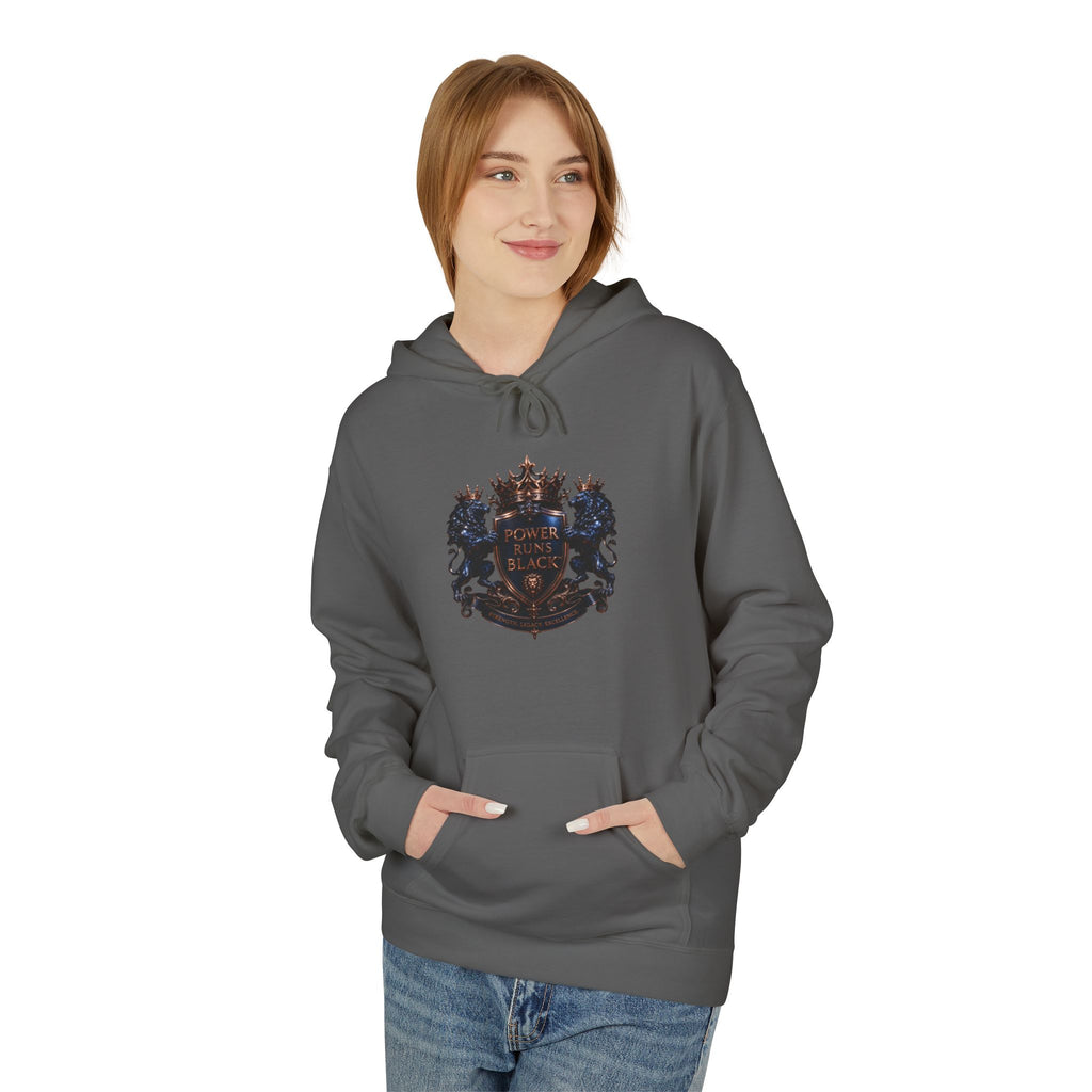 Power Runs Black crest hoodie | medieval shield with lions and wings by Power Runs Black