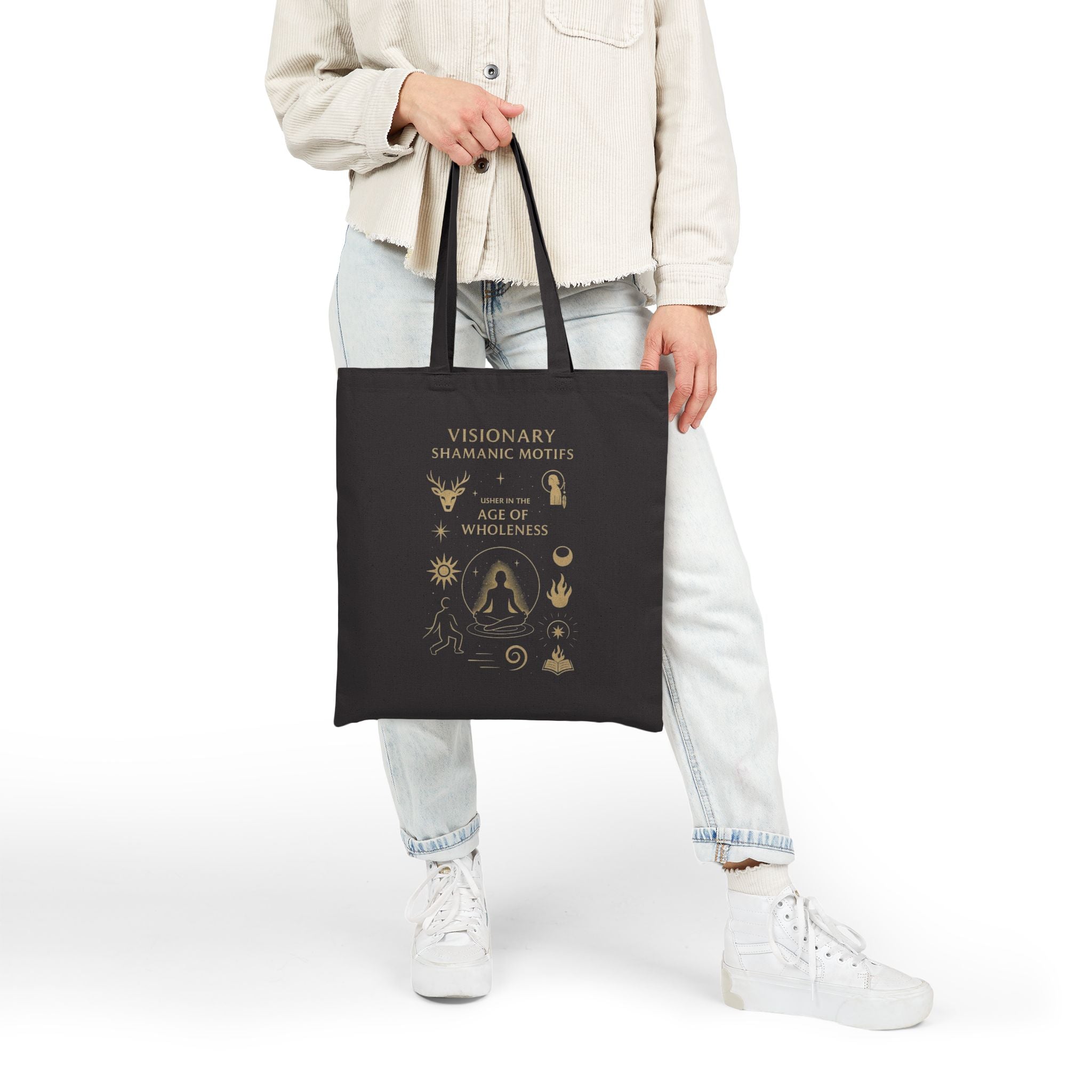 Visionary Shamanic Motifs Canvas Tote Bag — Spiritual Symbols Market Tote by Power Runs Black