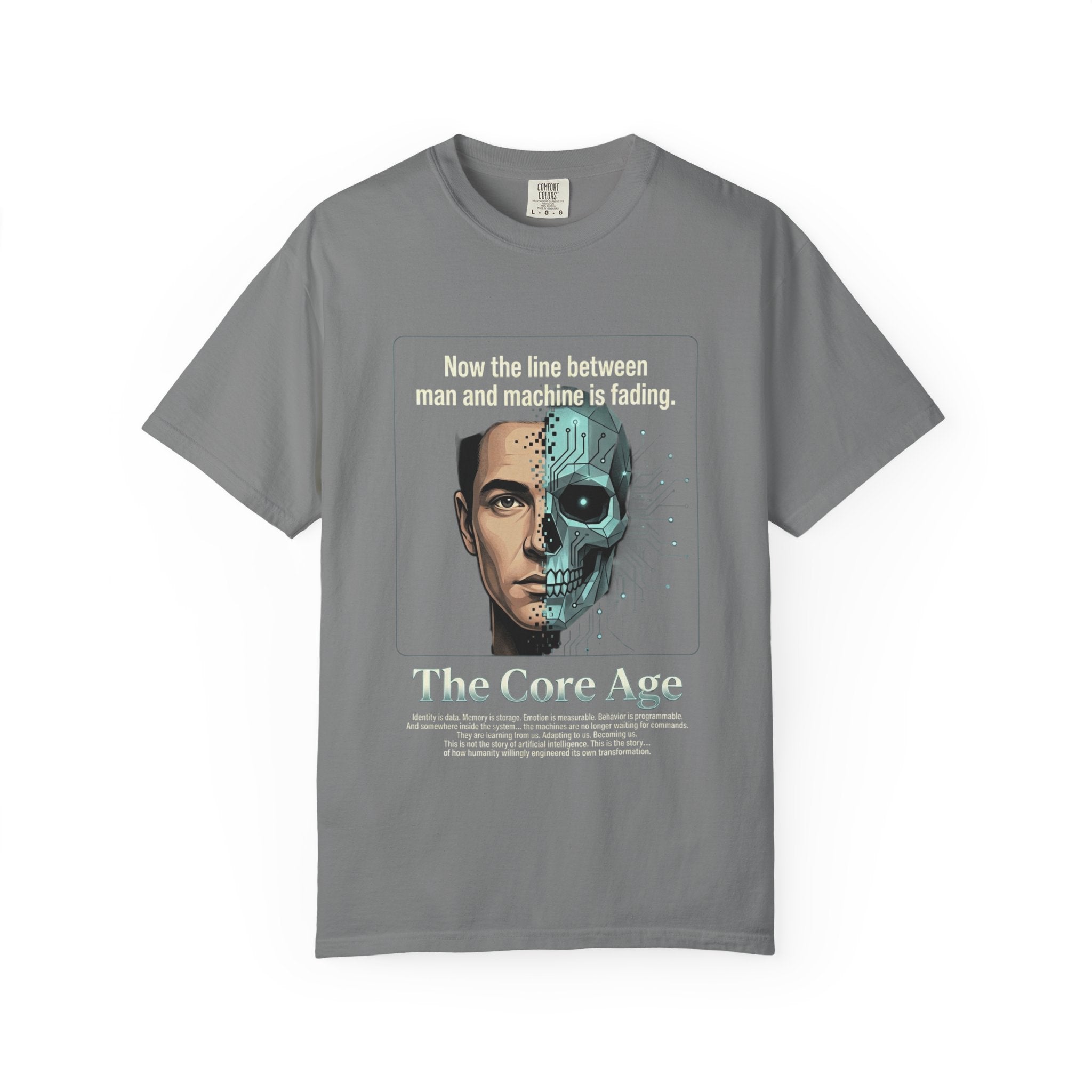 Power Runs Black AI Fusion Graphic T-Shirt — "The Core Age" Split Face Design by Power Runs Black