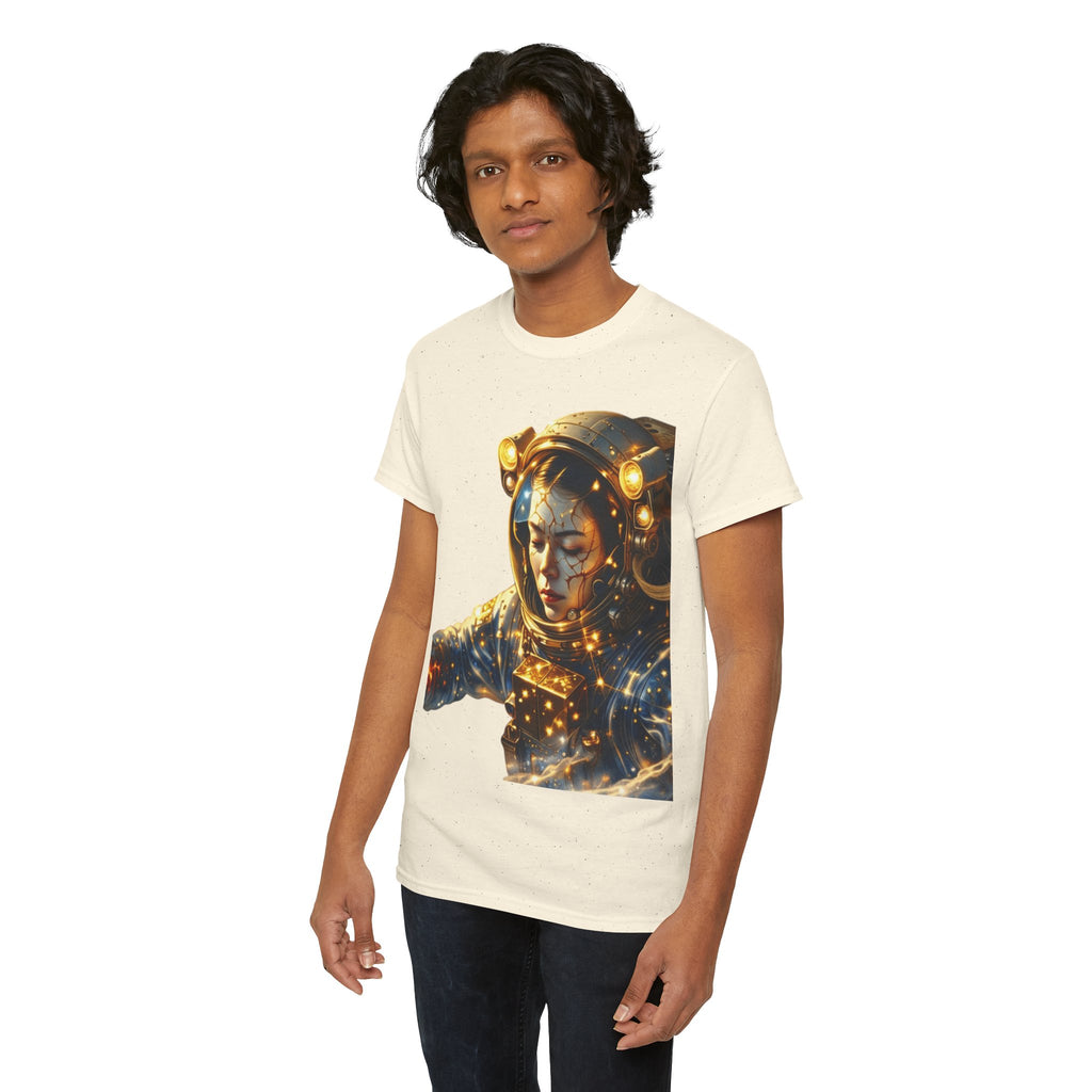 Power Runs Black PRB Golden Astronaut Portrait T-Shirt | Space Helmet Art, Cosmic Lights by Printify