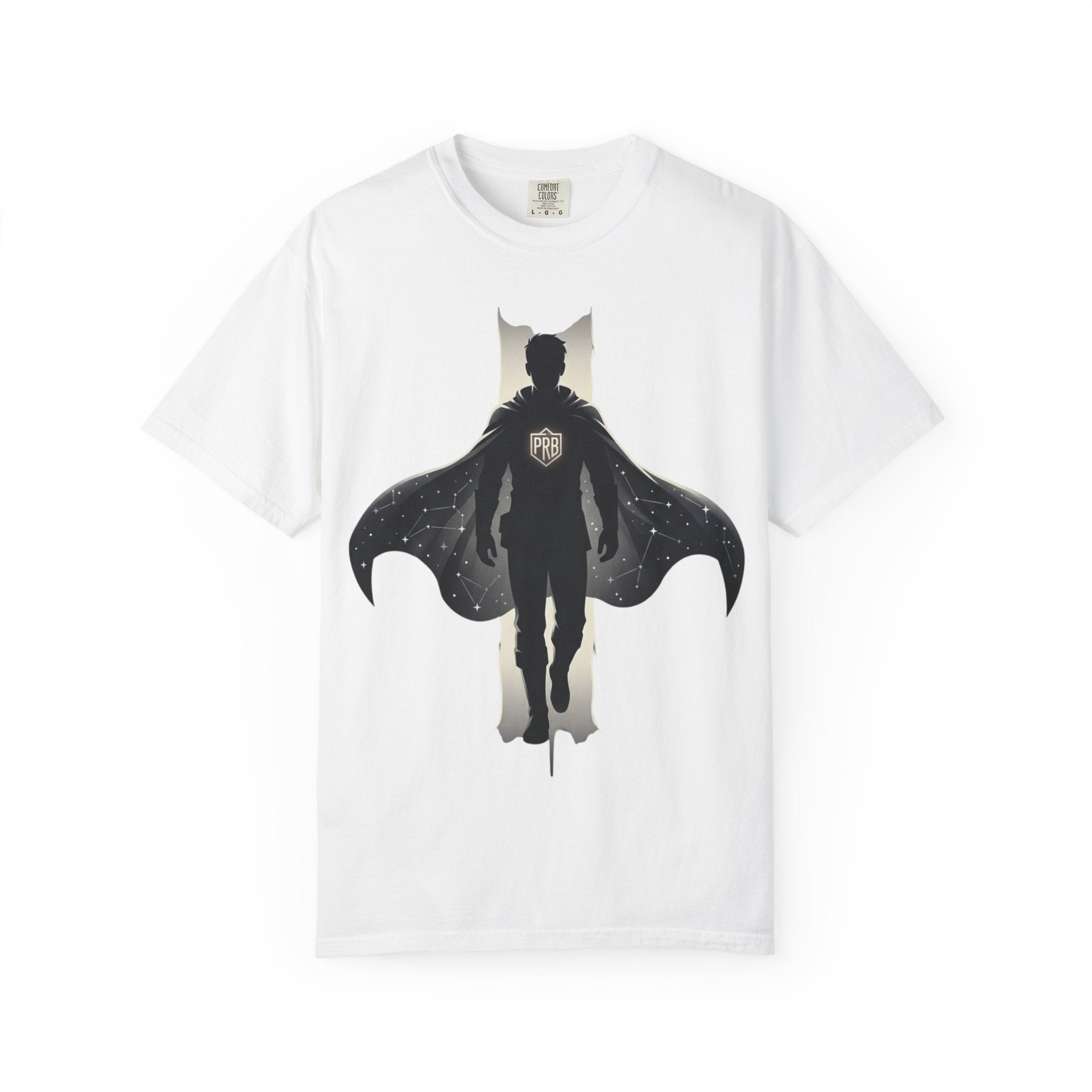 Power Runs Black Silhouette PRB Superhero with Cape T-shirt | Night Sky Emblem, Graphic Tee by Printify