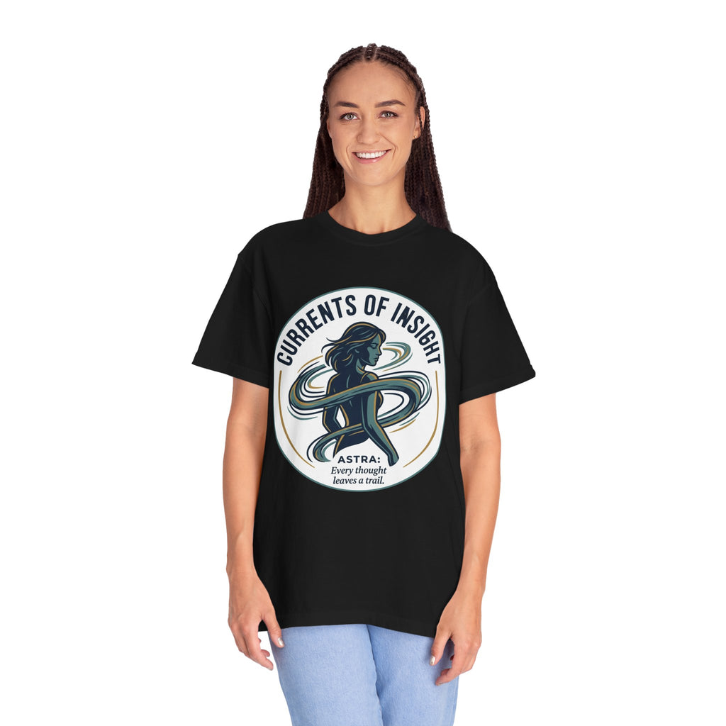 Power Runs Black Currents of Insight T-Shirt — 'Astra: Every thought leaves a trail' Graphic Tee by Power Runs Black