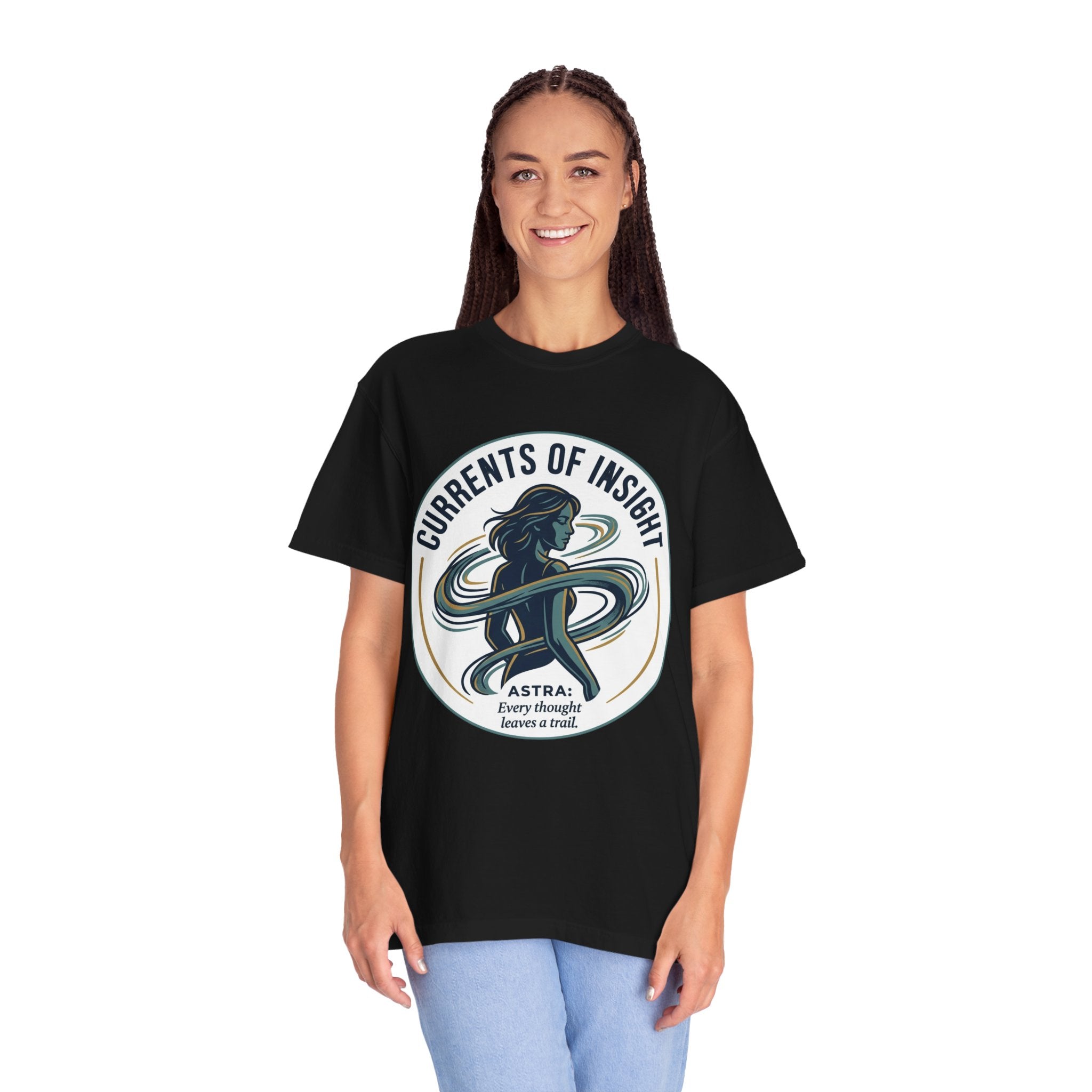 Power Runs Black Currents of Insight T-Shirt — 'Astra: Every thought leaves a trail' Graphic Tee by Power Runs Black