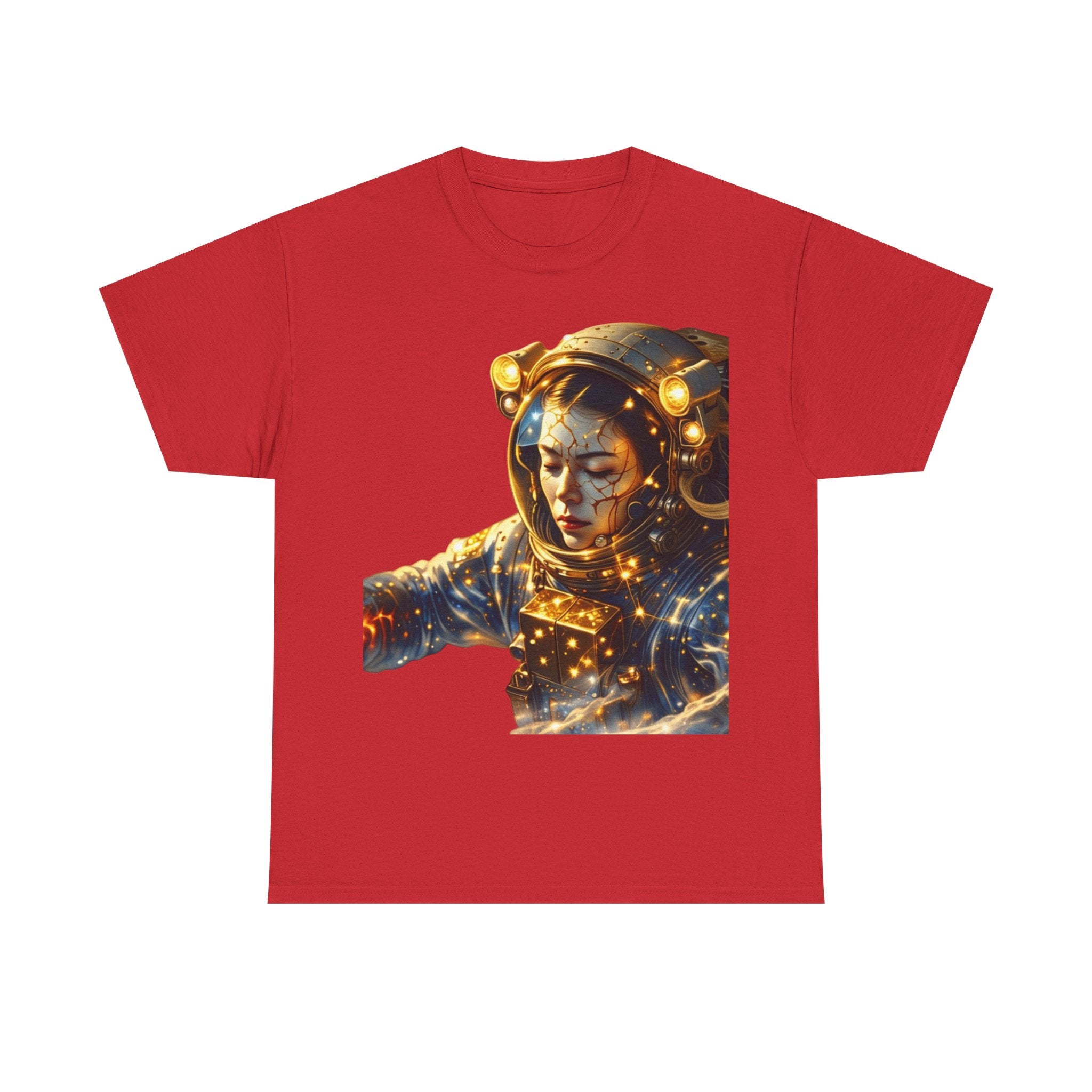 PRB Golden Astronaut Portrait T-Shirt | Space Helmet Art, Cosmic Lights by Power Runs Black