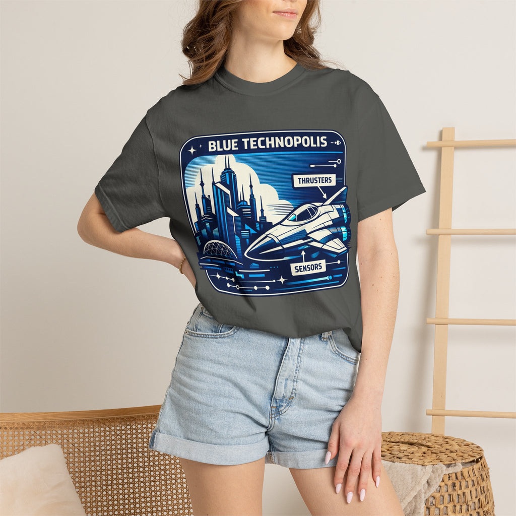 Power Runs Black PRB Technopolis Spacecraft T-Shirt — Blue Technopolis Retro Sci‑Fi Tee by Power Runs Black