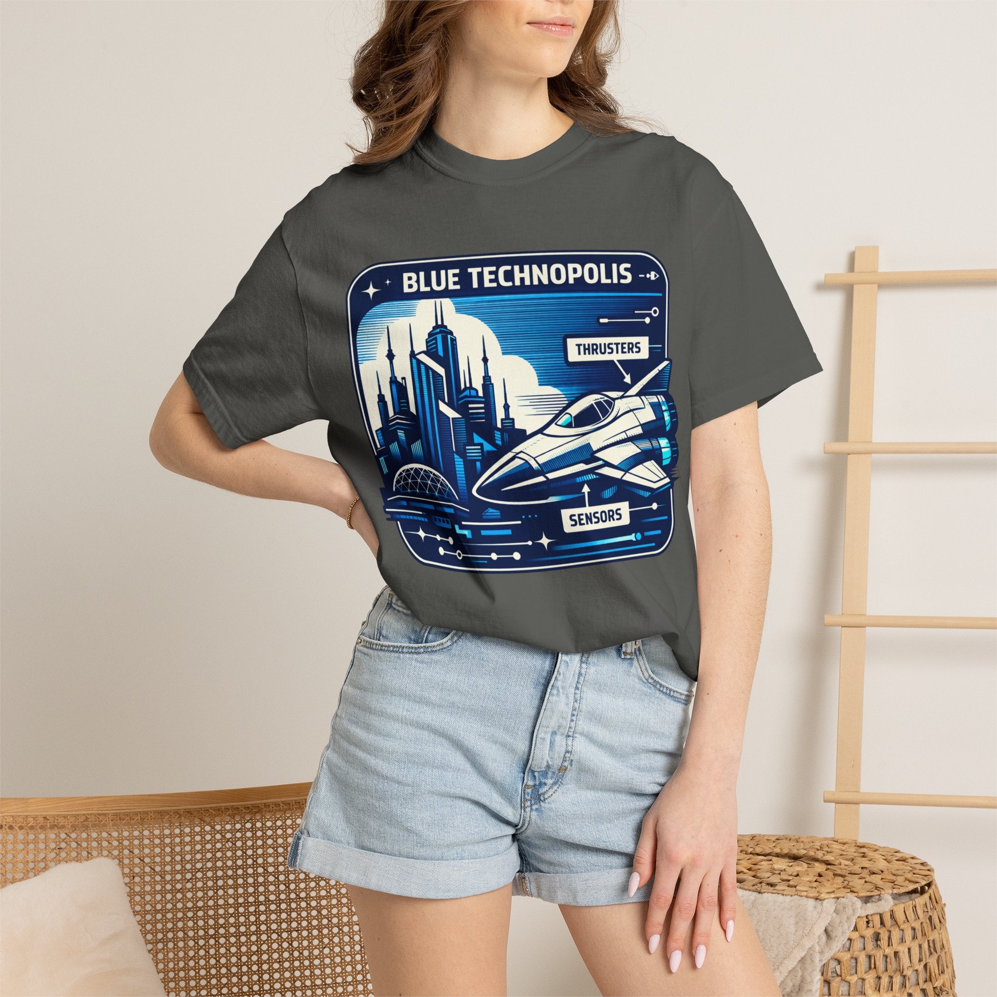 Power Runs Black PRB Technopolis Spacecraft T-Shirt — Blue Technopolis Retro Sci‑Fi Tee by Power Runs Black