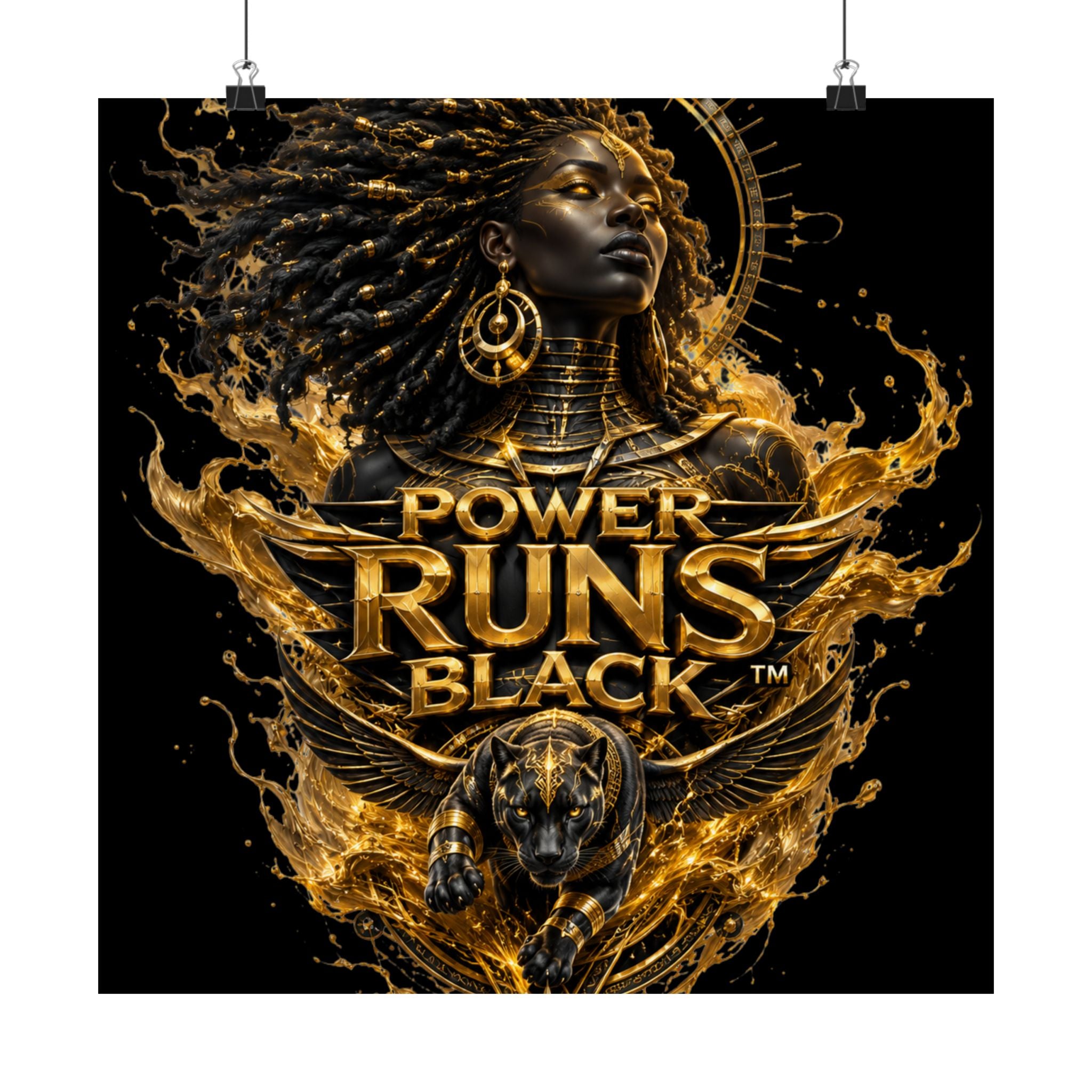 Power Runs Black Matte Poster — Afrocentric Gold Goddess Wall Art by Power Runs Black
