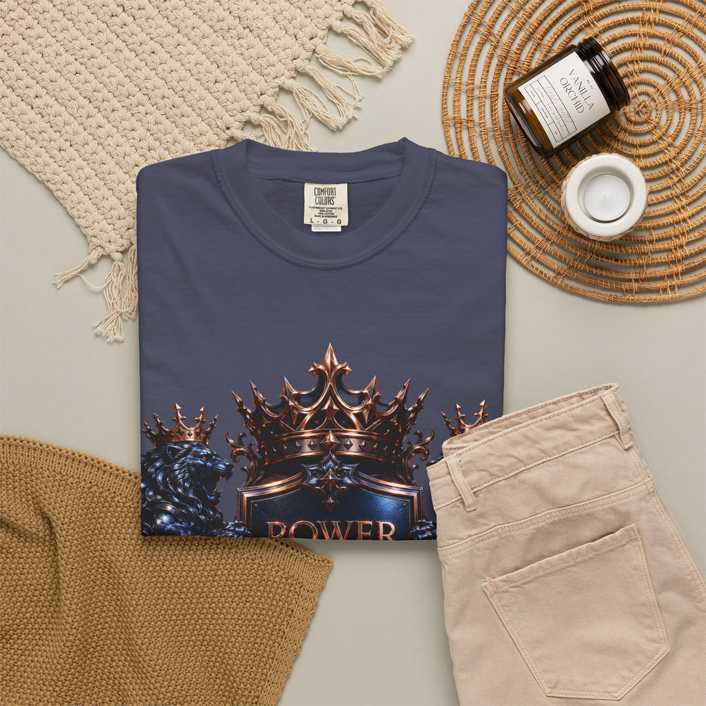 Power Runs Black Crest T-shirt | Heraldic Lion Shield Tee by Power Runs Black