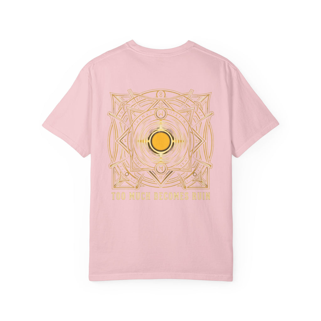 Power Runs Black PRB — Veyra Kain Geometric Sigil Tee with “Too Much Becomes Ruin” Graphic T-Shirt by Printify