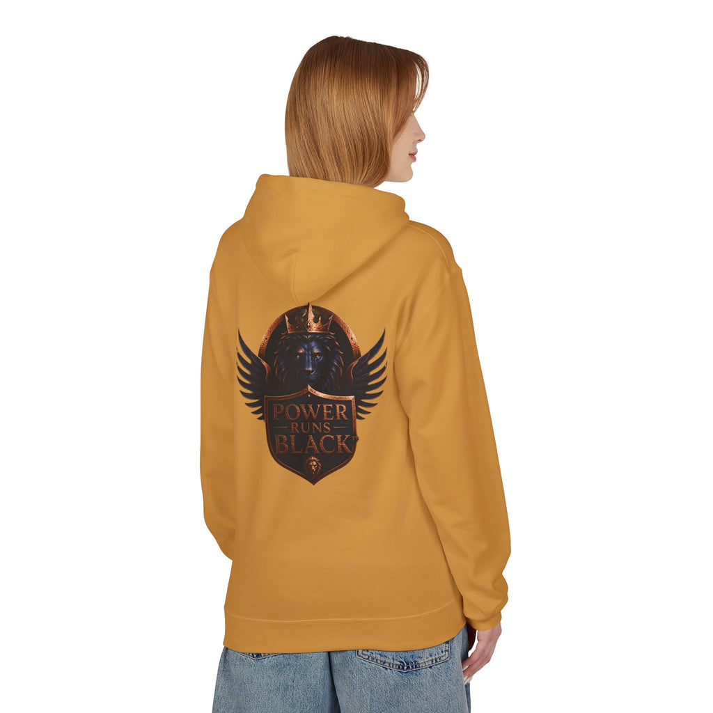 Power Runs Black crest hoodie | medieval shield with lions and wings by Power Runs Black