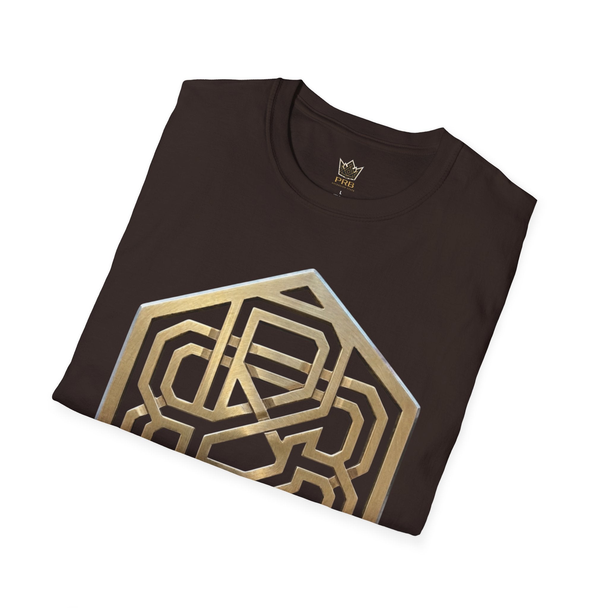 Power Runs Black PRB Geometric Gold Hexagon T-Shirt — Modern Maze Logo Tee by Power Runs Black