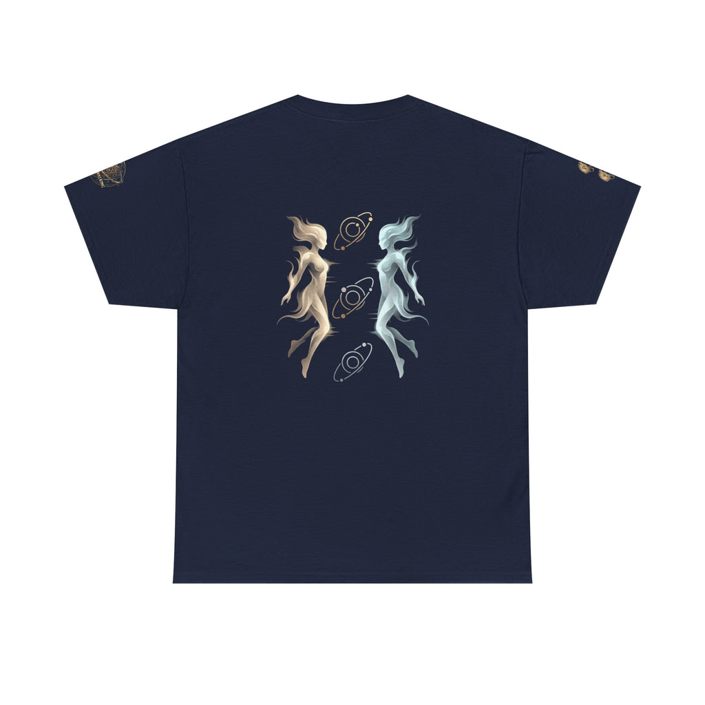 Power Runs Black Gemini Spirit Tee — Twin Sun & Moon Celestial Graphic T-Shirt by Printify