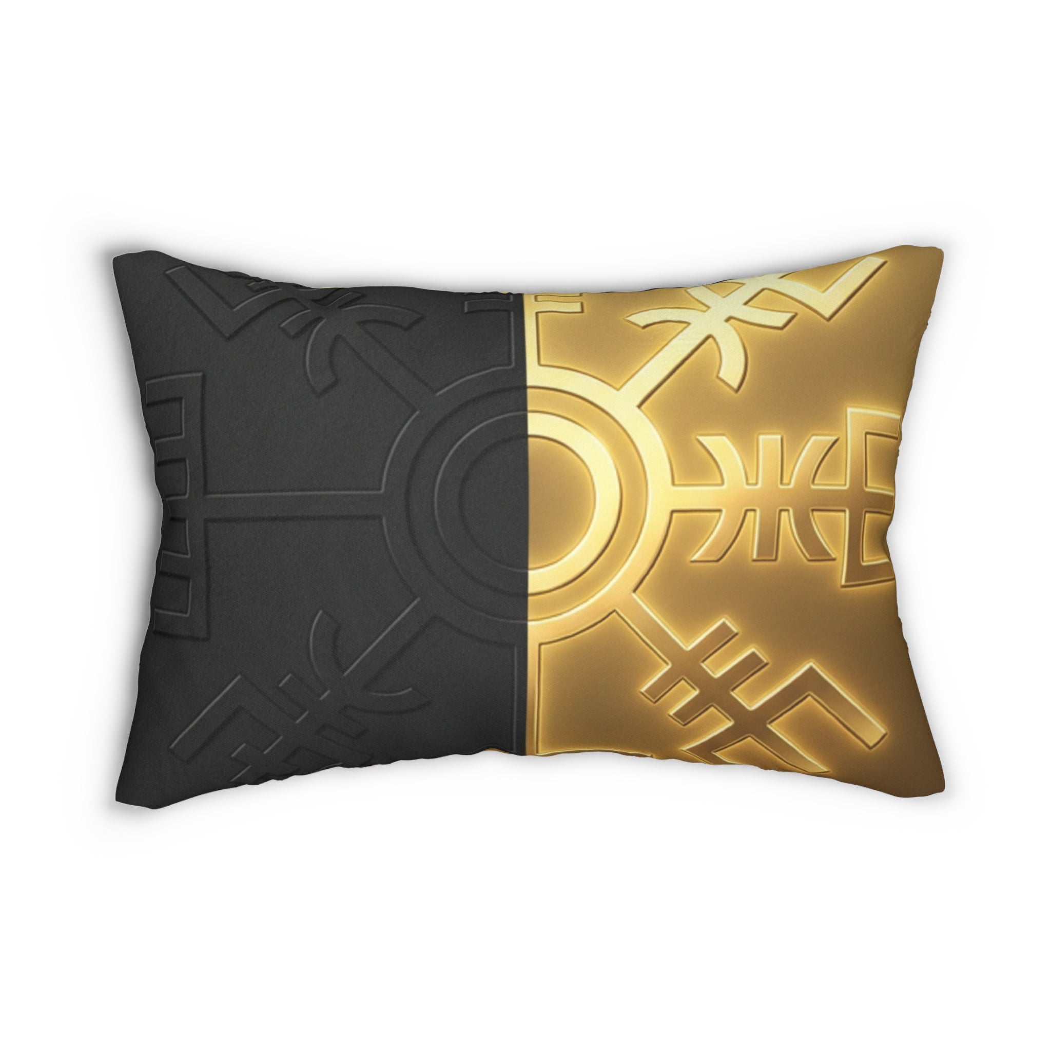 Power Runs Black PRB Nordic Rune Split Design Lumbar Pillow — Black & Gold Accent Decorative Cushion by Printify