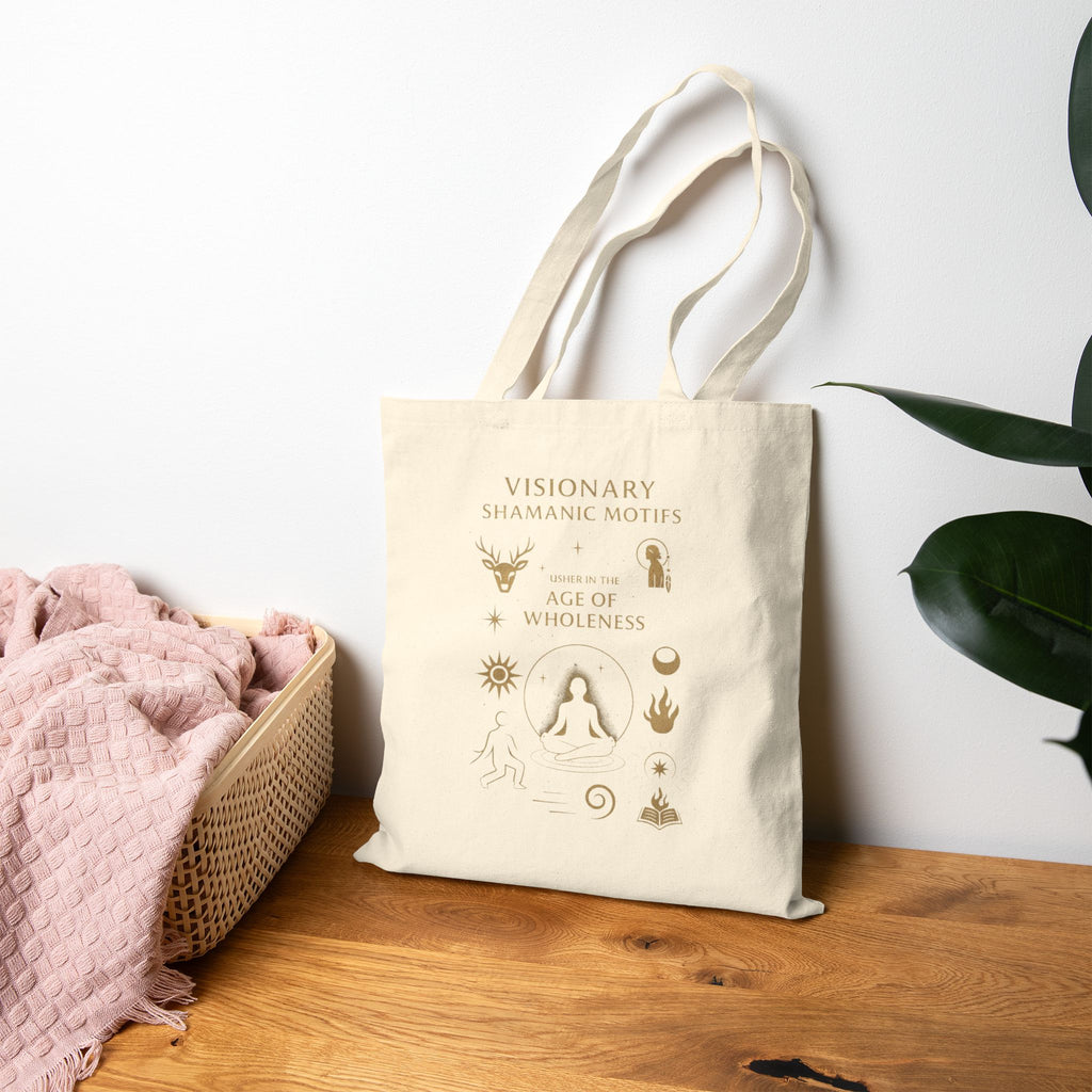 Visionary Shamanic Motifs Canvas Tote Bag — Spiritual Symbols Market Tote by Power Runs Black