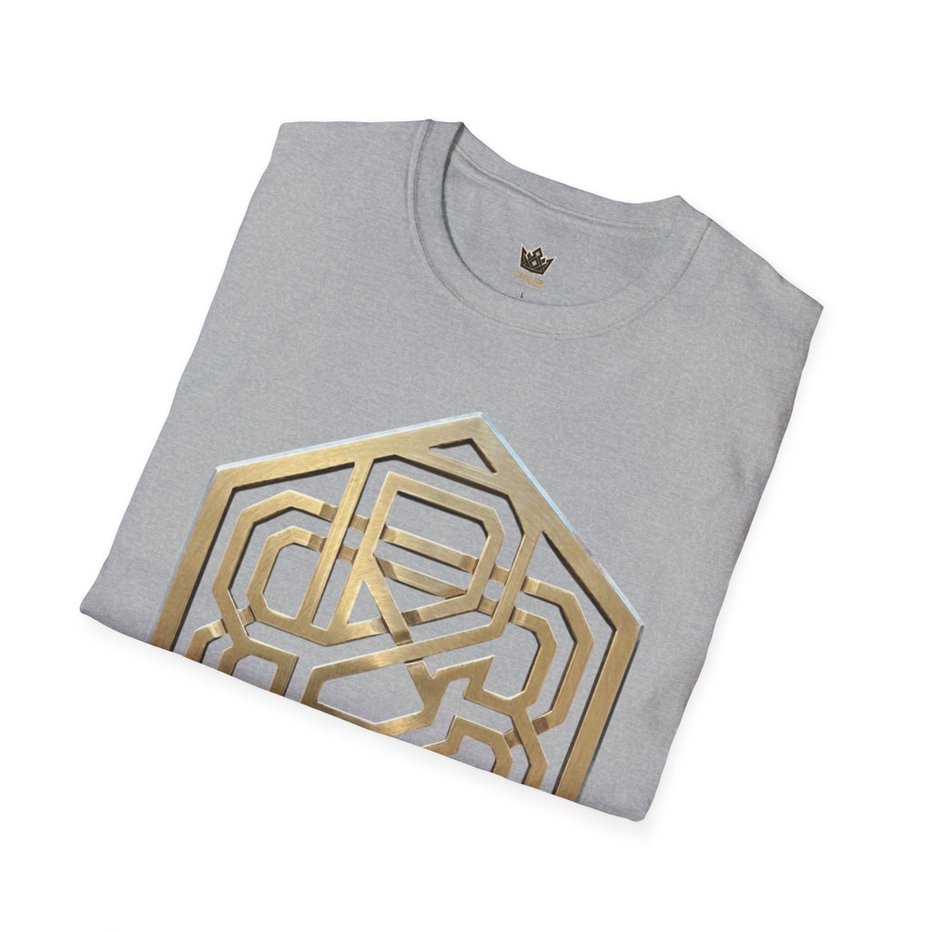Power Runs Black PRB Geometric Gold Hexagon T-Shirt — Modern Maze Logo Tee by Printify