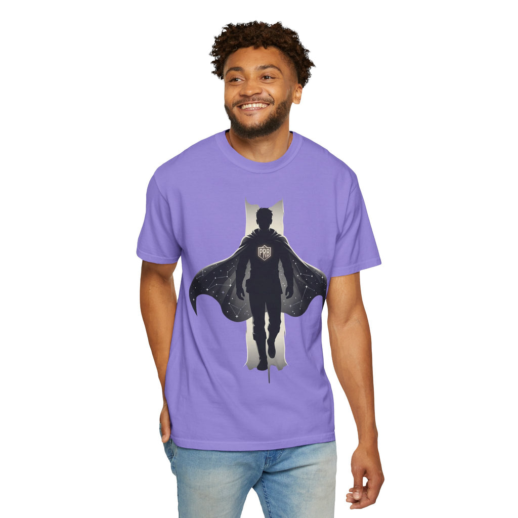Power Runs Black Silhouette PRB Superhero with Cape T-shirt | Night Sky Emblem, Graphic Tee by Printify