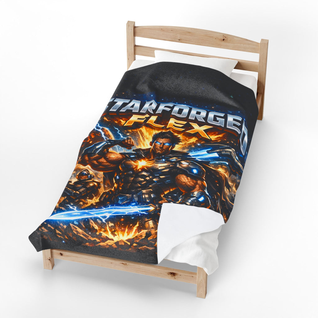 Power Runs Black Starforged Flex Velveteen Plush Blanket — Sci‑Fi Warrior Graphic Throw by Power Runs Black