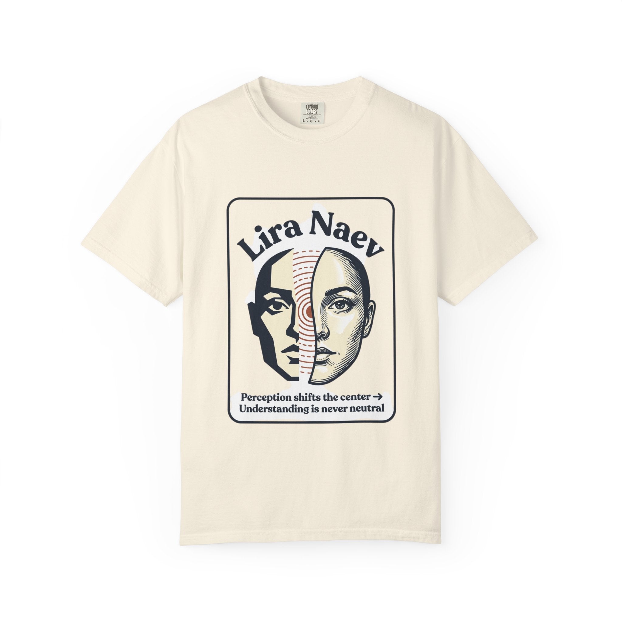 Power Runs Black PRB Lira Naev Split-Face Graphic T-Shirt — “Perception shifts the center” Statement Tee by Printify