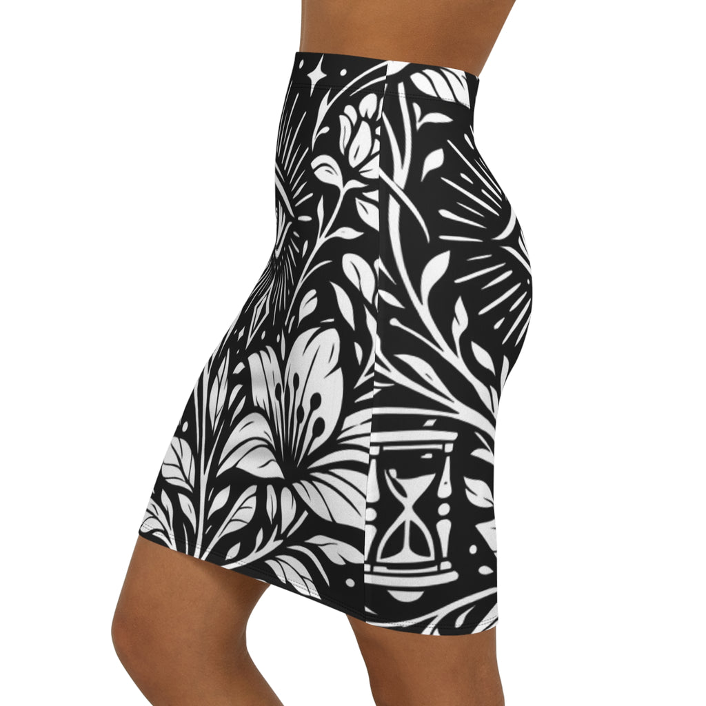 PRB All-Seeing Eye Floral Pencil Skirt — Gothic Boho Midi by Power Runs Black