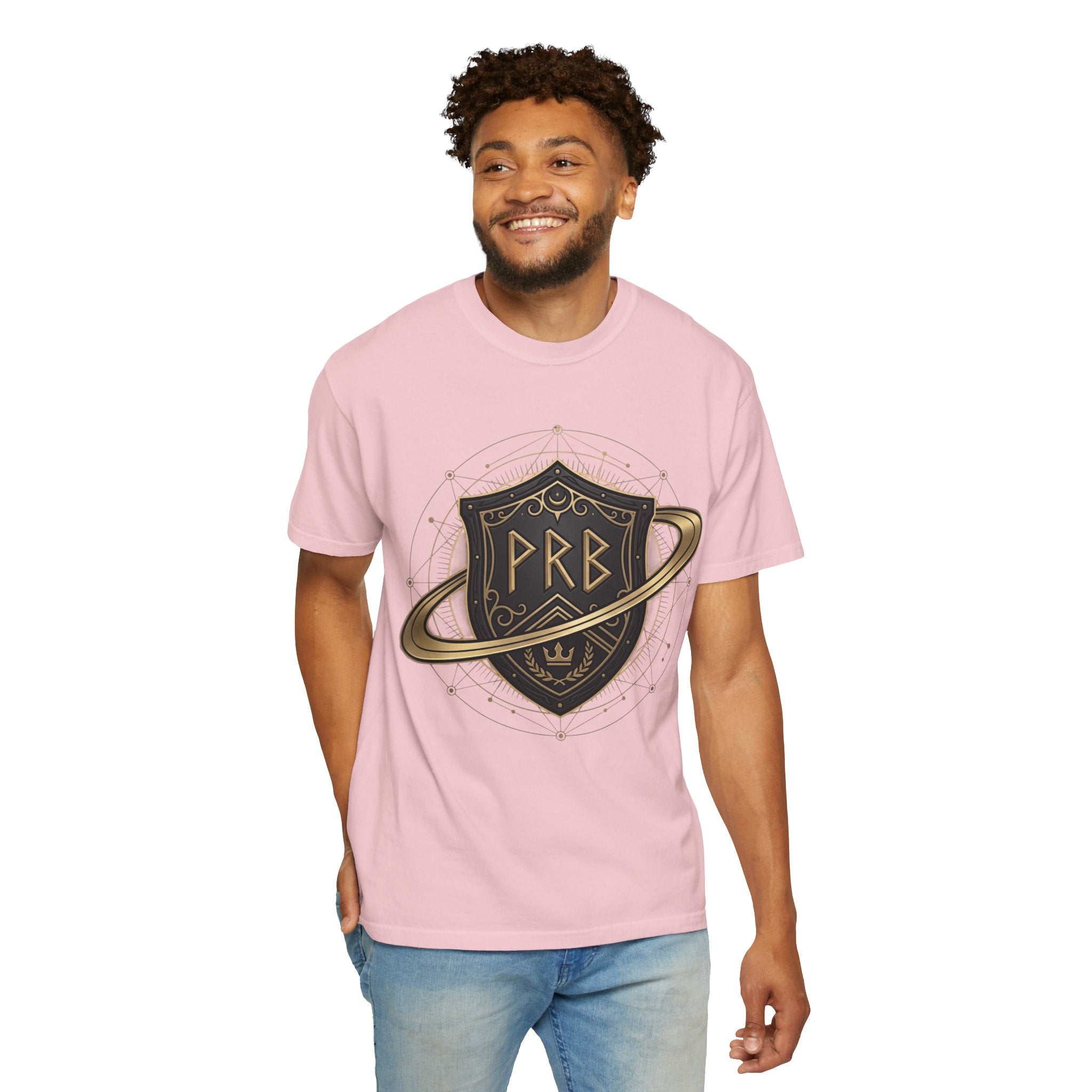 Power Runs Black Astral Crest Shield PRB T-Shirt | Saturn Ring Emblem, Gothic Heraldry by Printify