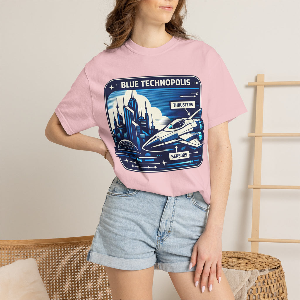 Power Runs Black PRB Technopolis Spacecraft T-Shirt — Blue Technopolis Retro Sci‑Fi Tee by Power Runs Black