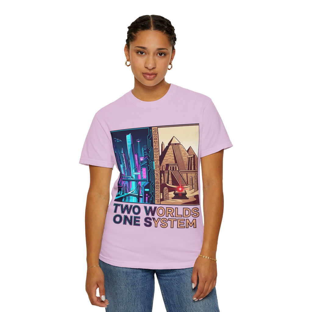 Power Runs Black PRB Blue Technopolis/ Red Dominion Two Worlds One System T-Shirt by Power Runs Black