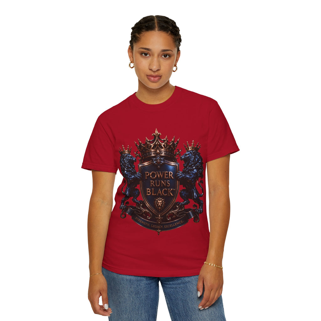 Power Runs Black Crest T-shirt | Heraldic Lion Shield Tee by Power Runs Black