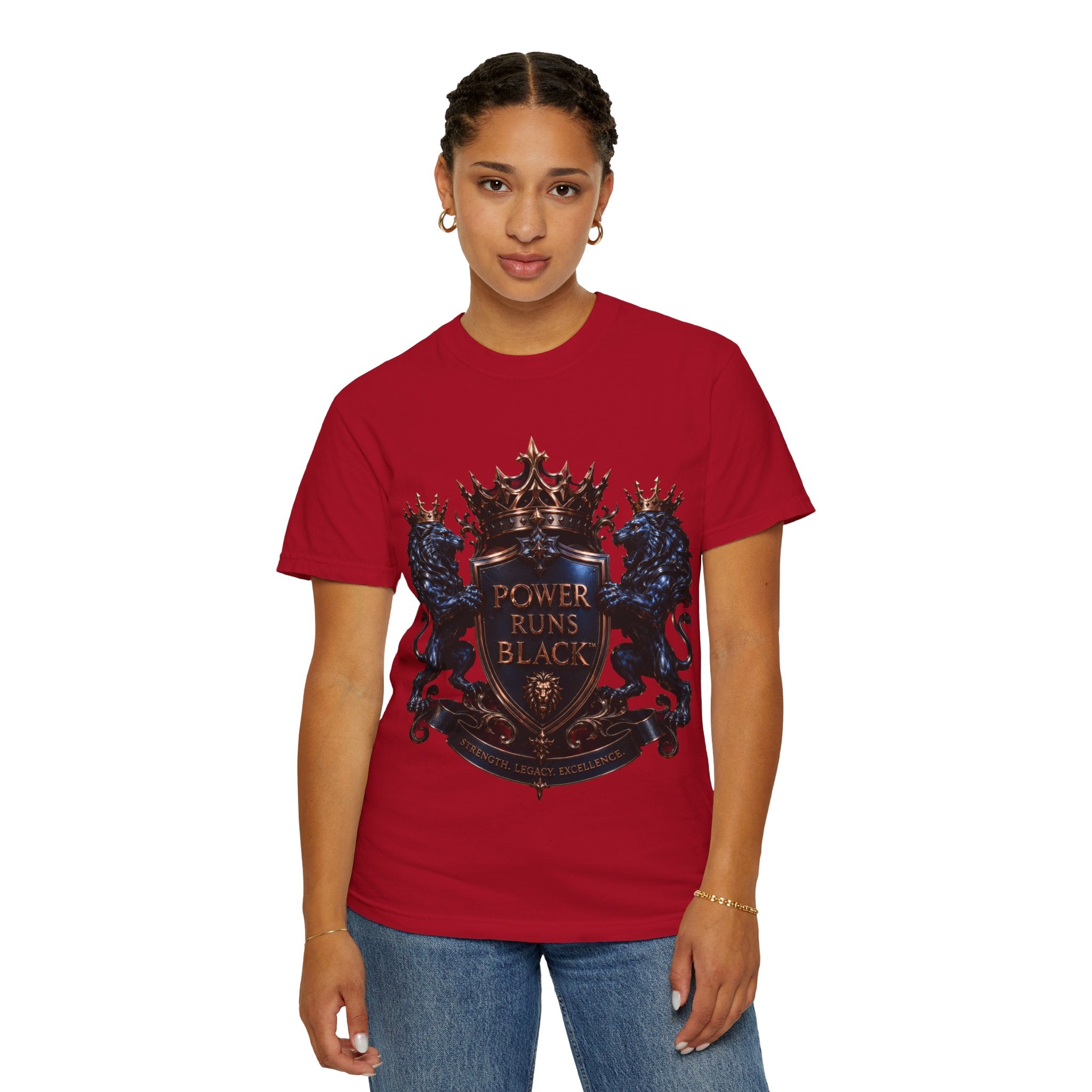 Power Runs Black Crest T-shirt | Heraldic Lion Shield Tee by Power Runs Black