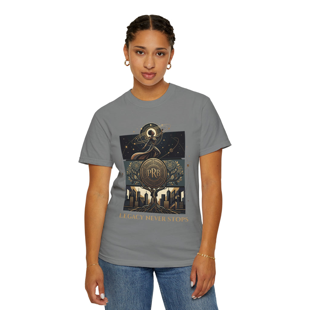 PRB Legacy Never Stops Graphic T-Shirt | Art Deco City Skyline Tee by Printify