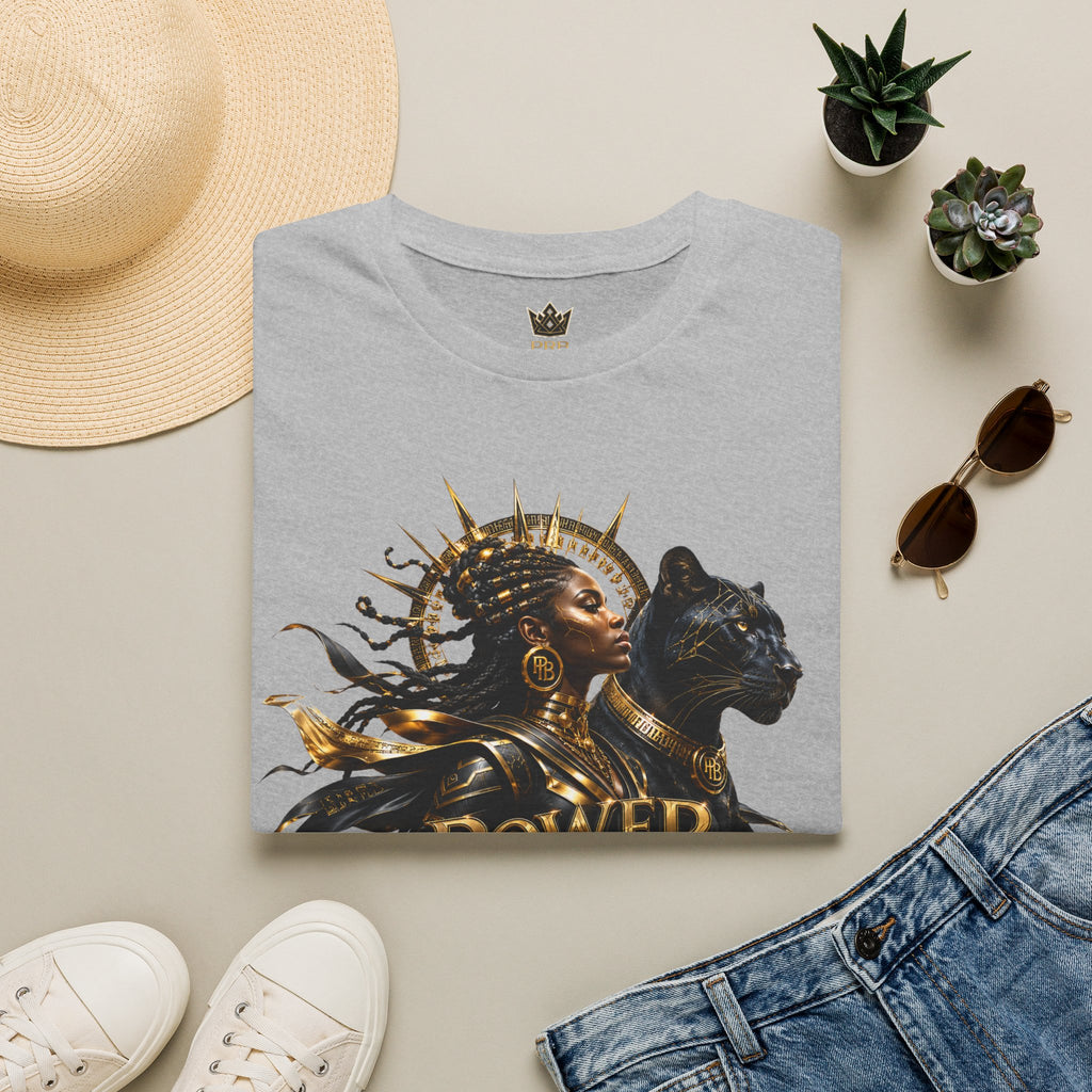 Power Runs Black PRB | Black Woman Portrait, Gold Accents Panther Graphics T by Printify