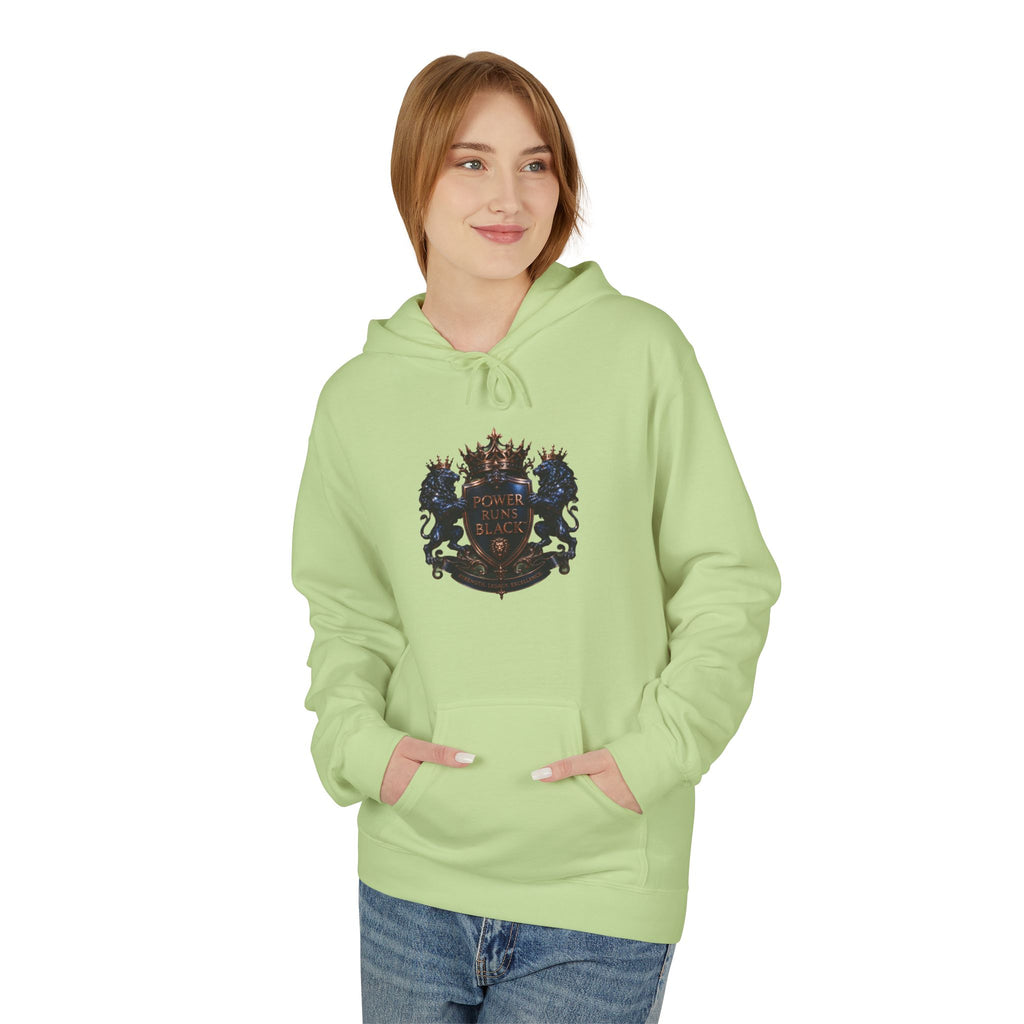 Power Runs Black crest hoodie | medieval shield with lions and wings by Power Runs Black