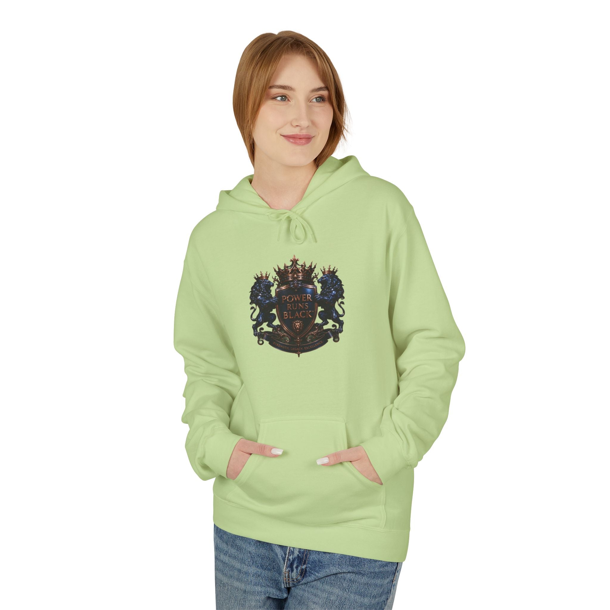 Power Runs Black crest hoodie | medieval shield with lions and wings by Power Runs Black