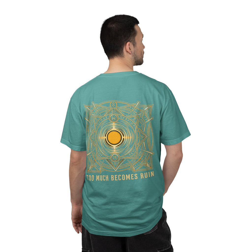 Power Runs Black PRB — Veyra Kain Geometric Sigil Tee with “Too Much Becomes Ruin” Graphic T-Shirt by Printify