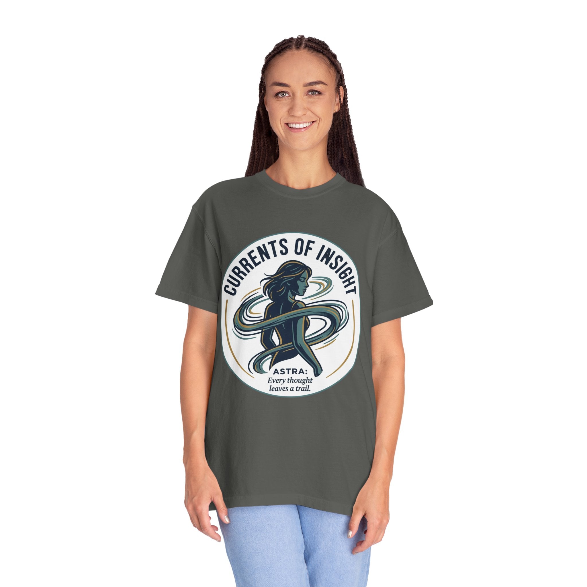 Power Runs Black Currents of Insight T-Shirt — 'Astra: Every thought leaves a trail' Graphic Tee by Power Runs Black