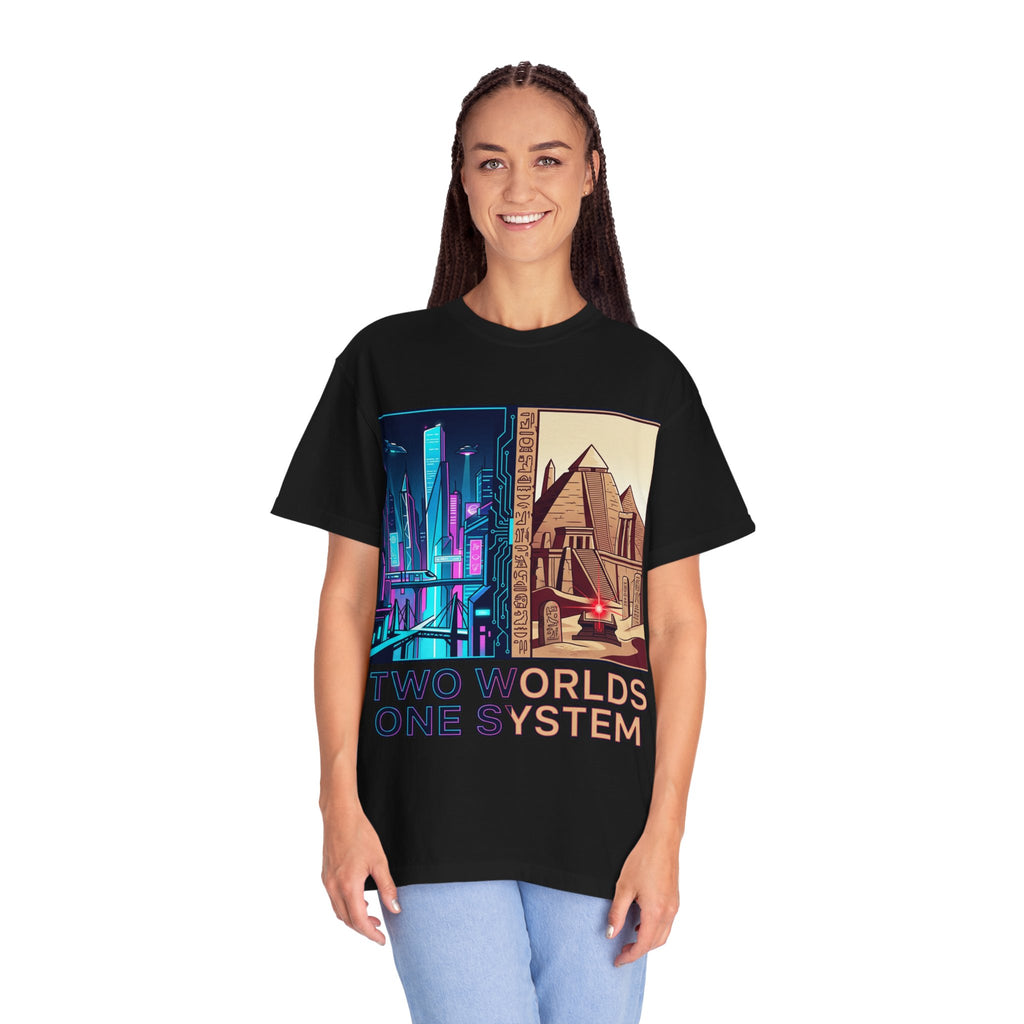 Power Runs Black PRB Blue Technopolis/ Red Dominion Two Worlds One System T-Shirt by Power Runs Black